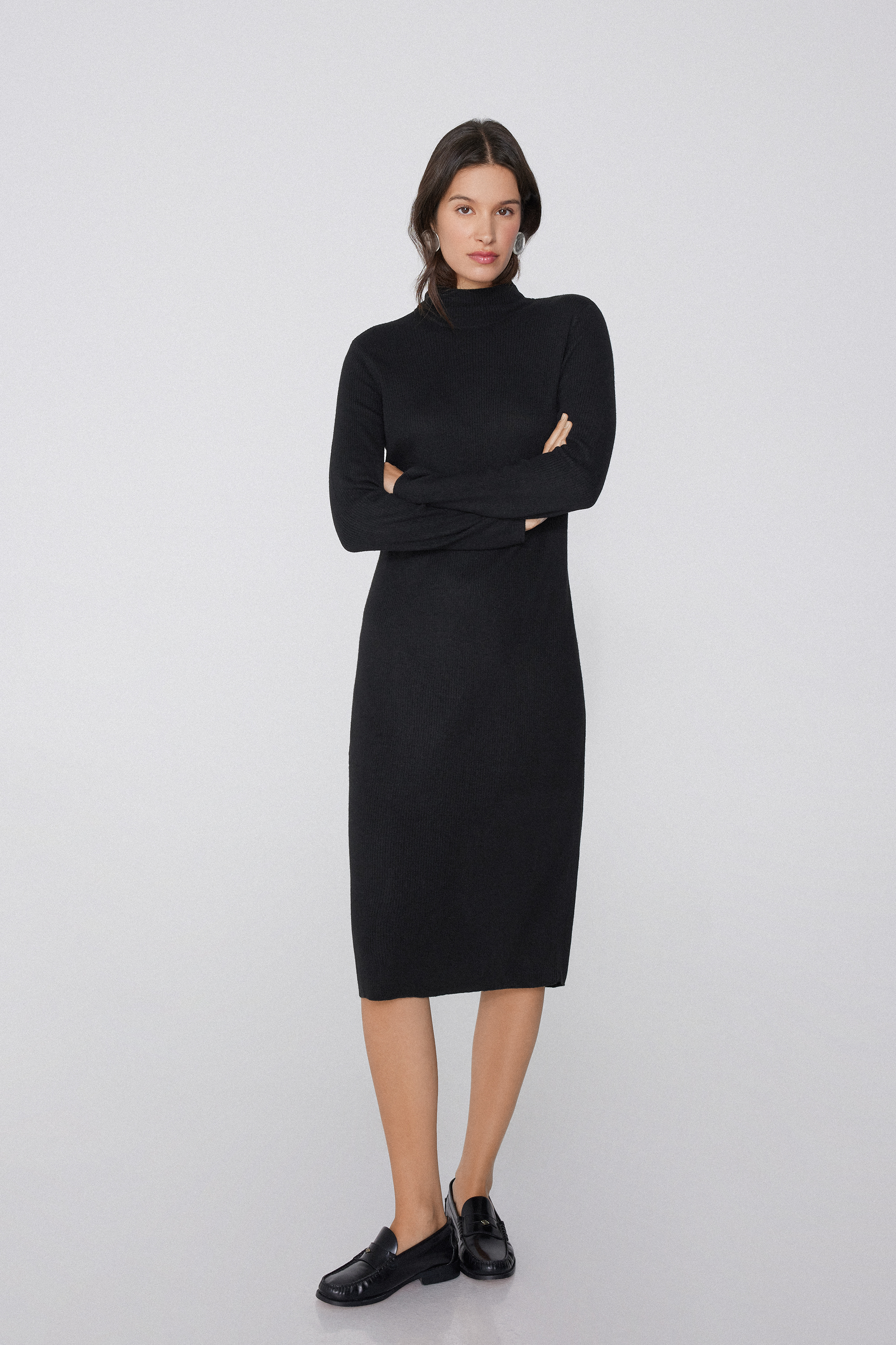 High-Necked Long Ribbed Dress with Wool