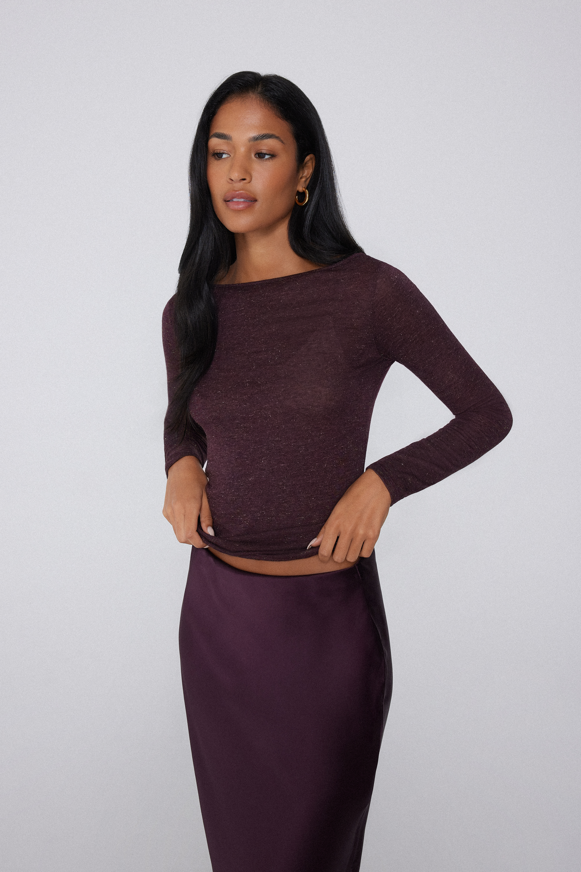 Long Sleeve Viscose and Lam&eacute; Merino Wool Boatneck Sweater