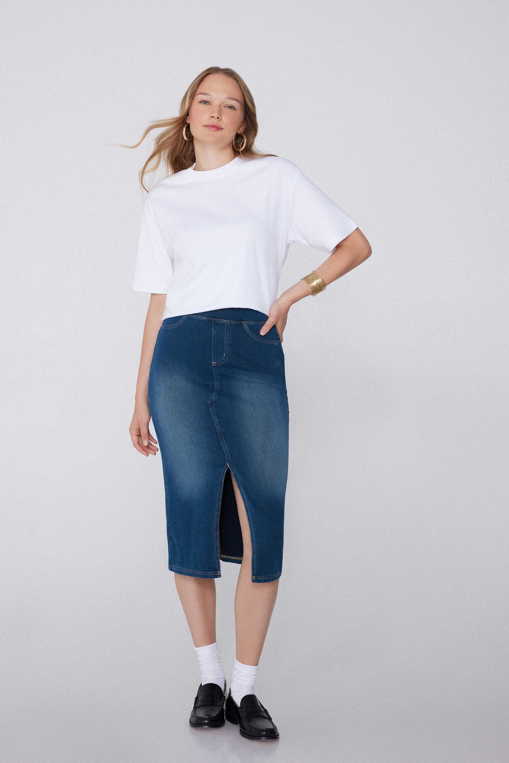 Soft Flex Denim Midi Skirt