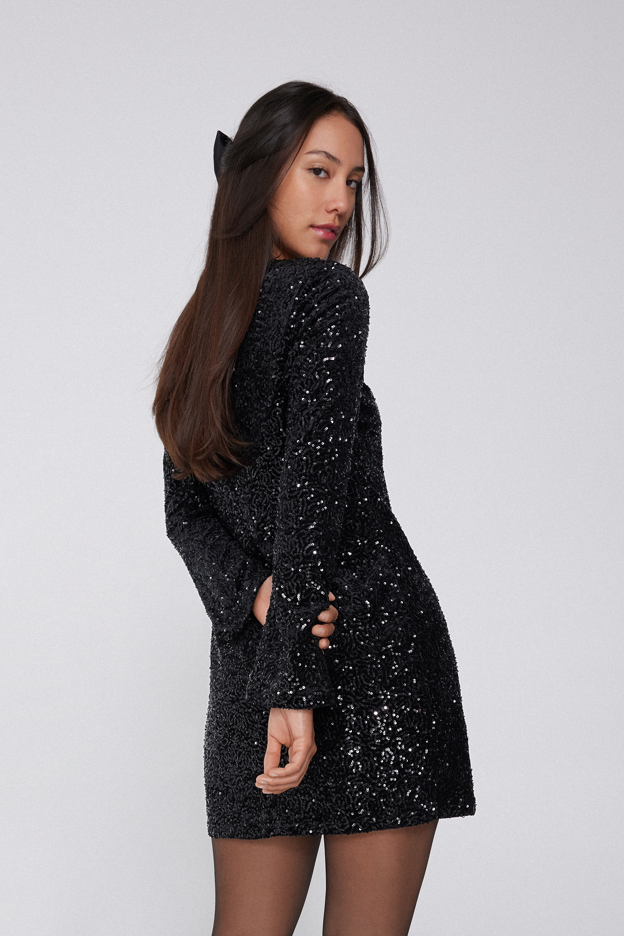 Long-Sleeved Sequined Mini Dress