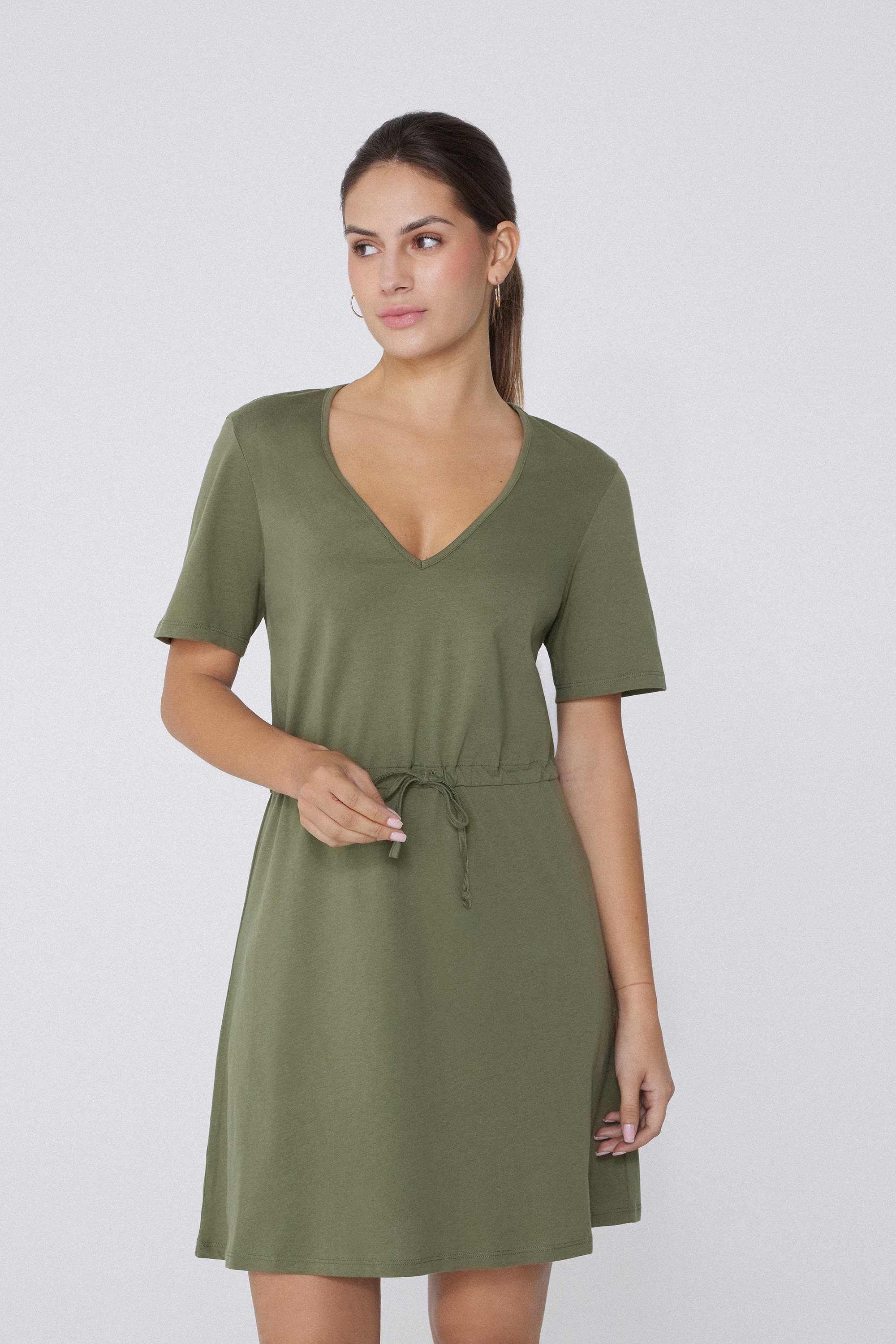 Short Sleeve Short Cotton V-Neck Dress