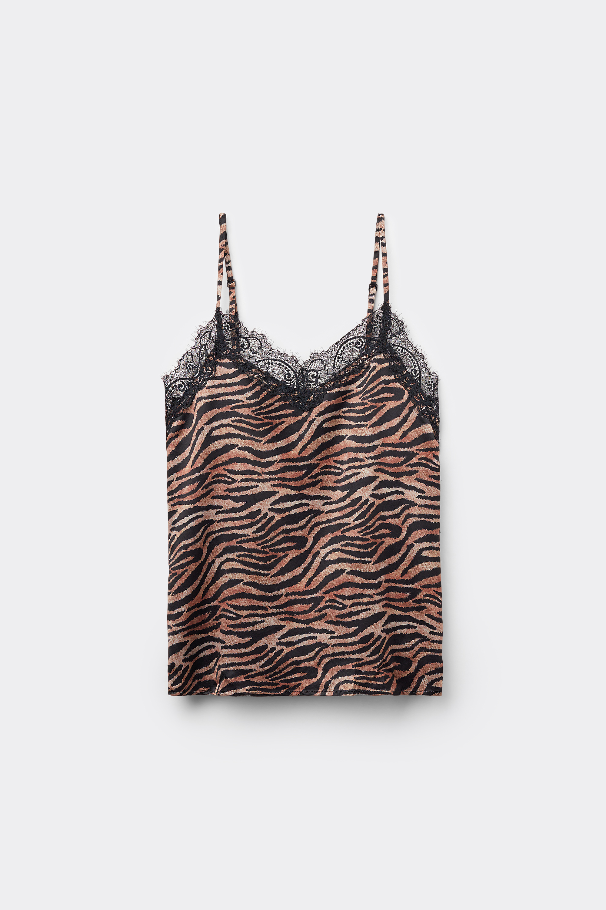 Printed Satin and Lace Camisole with Narrow Shoulder Straps