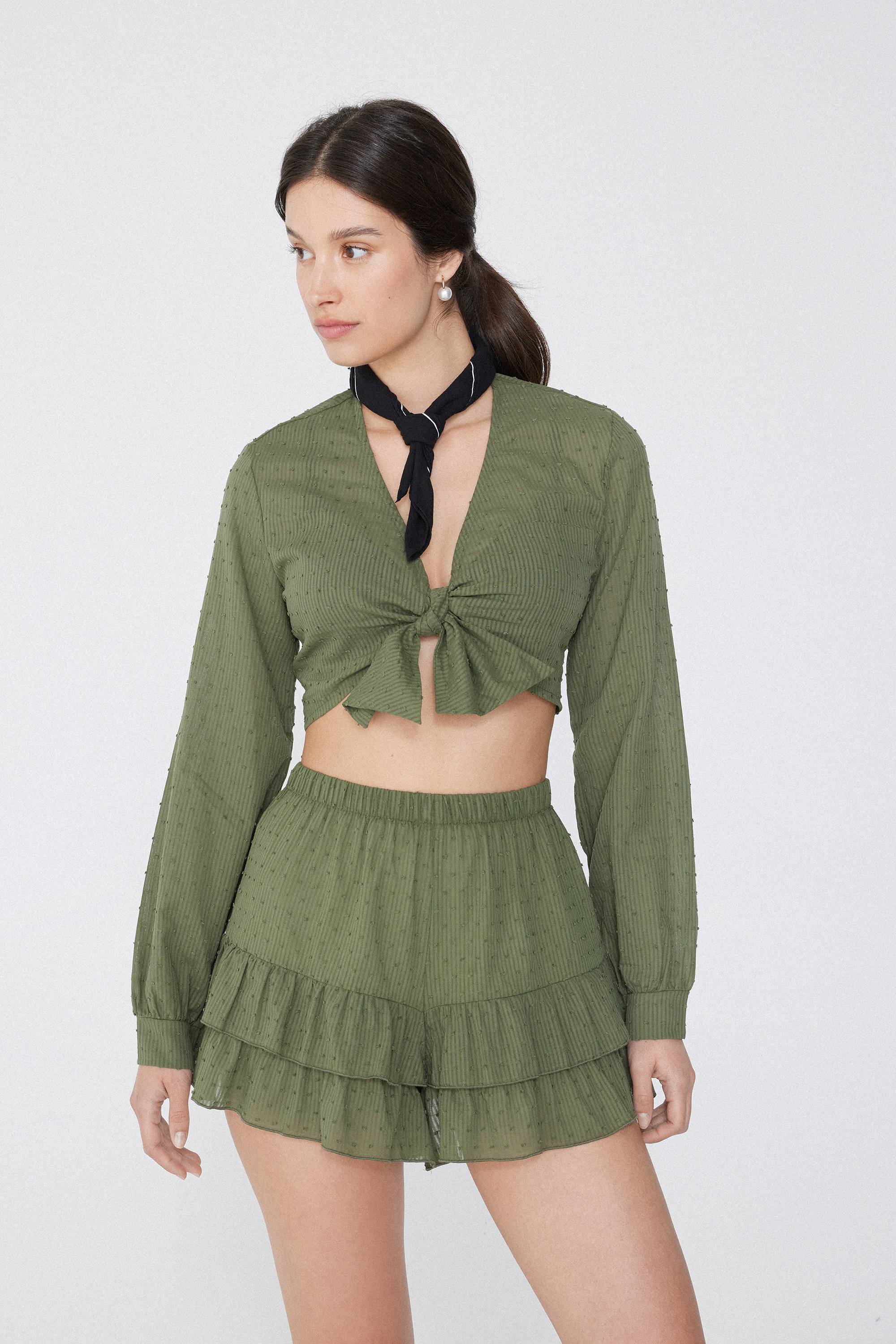 Long-Sleeved Cropped Canvas Top with Crossover
