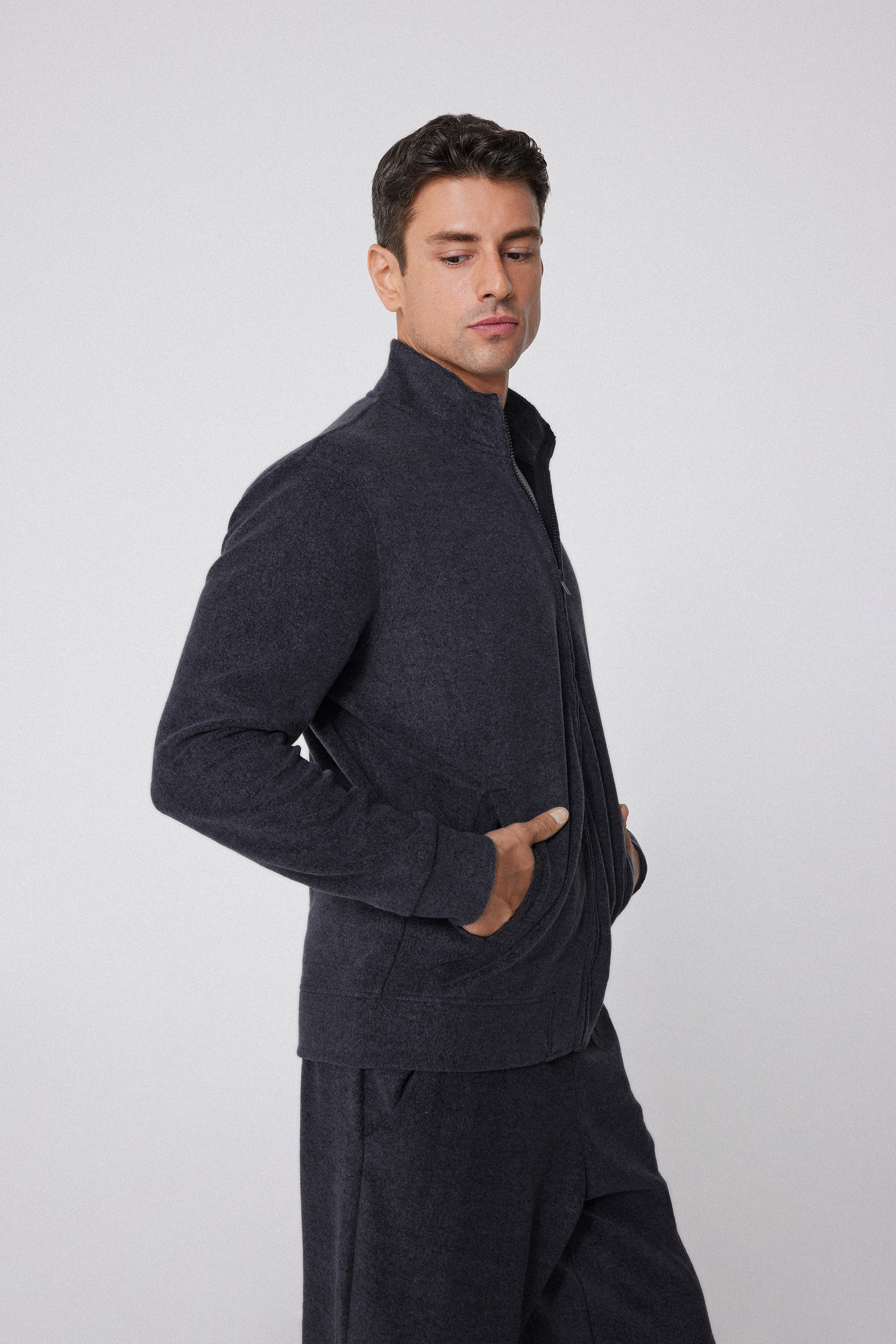 Felpa Rovesciata con Zip e Tasche