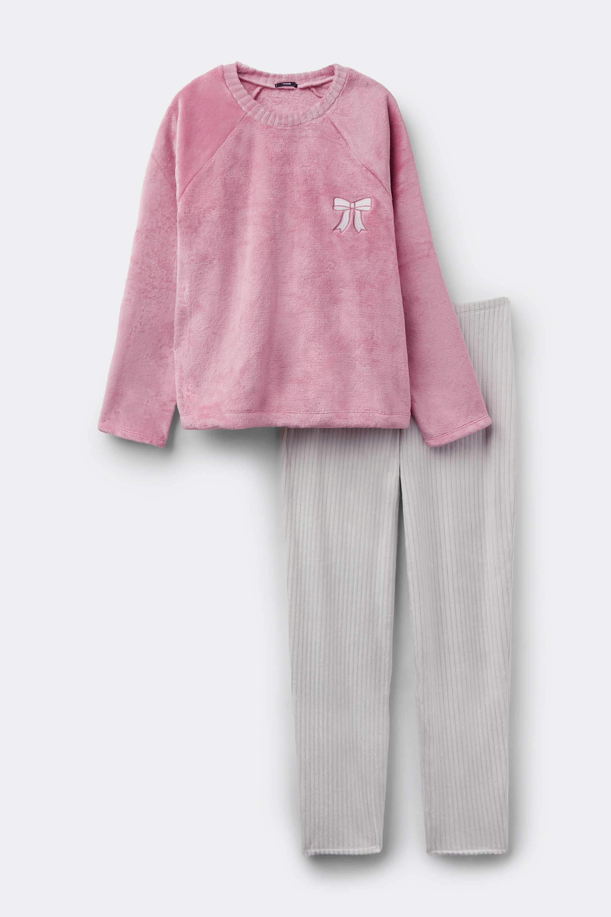 Long Fleece Pyjamas with Embroidered Bow Print