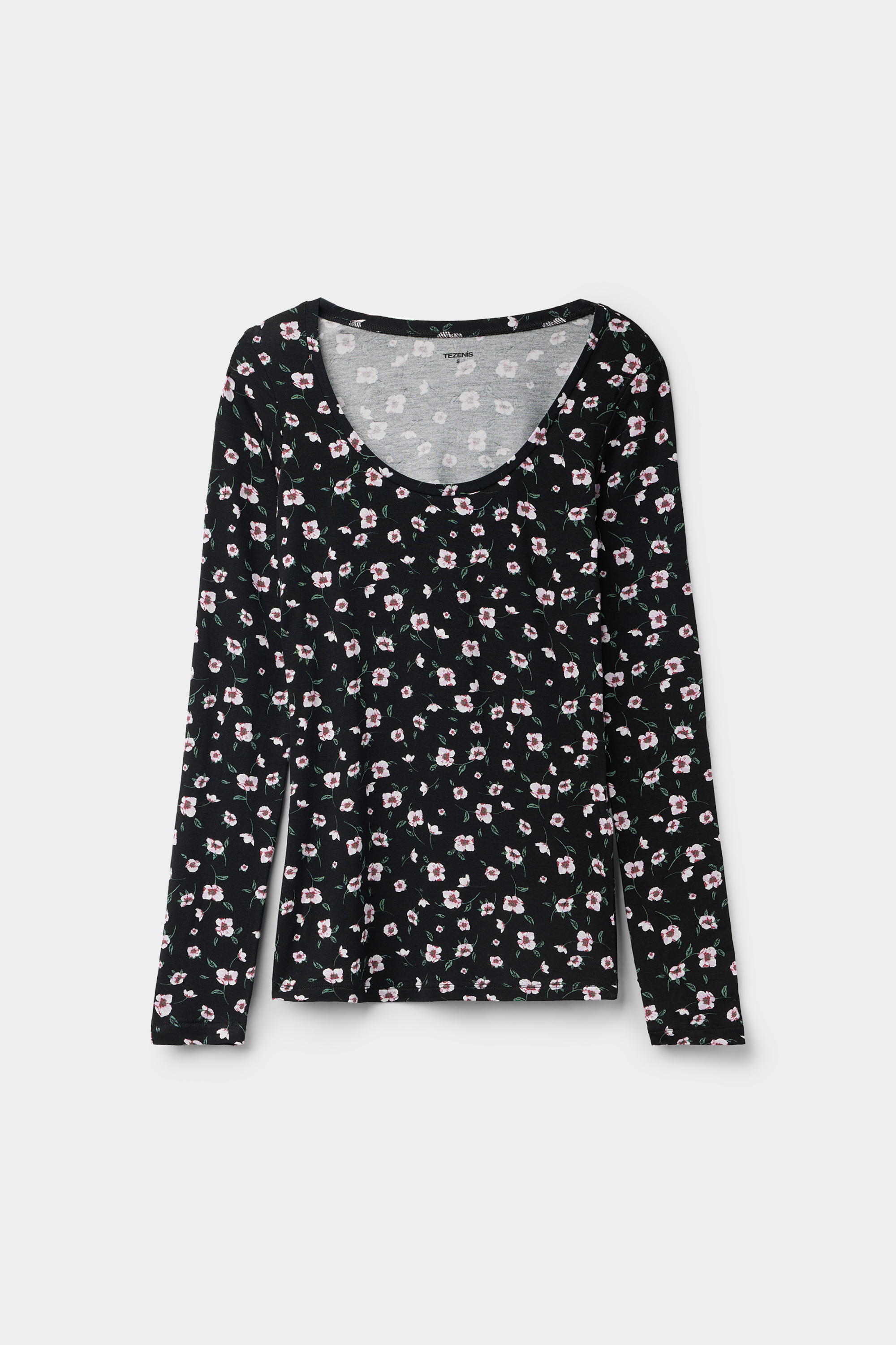 Langarmshirt mit weitem Ausschnitt aus bedruckter Viskose