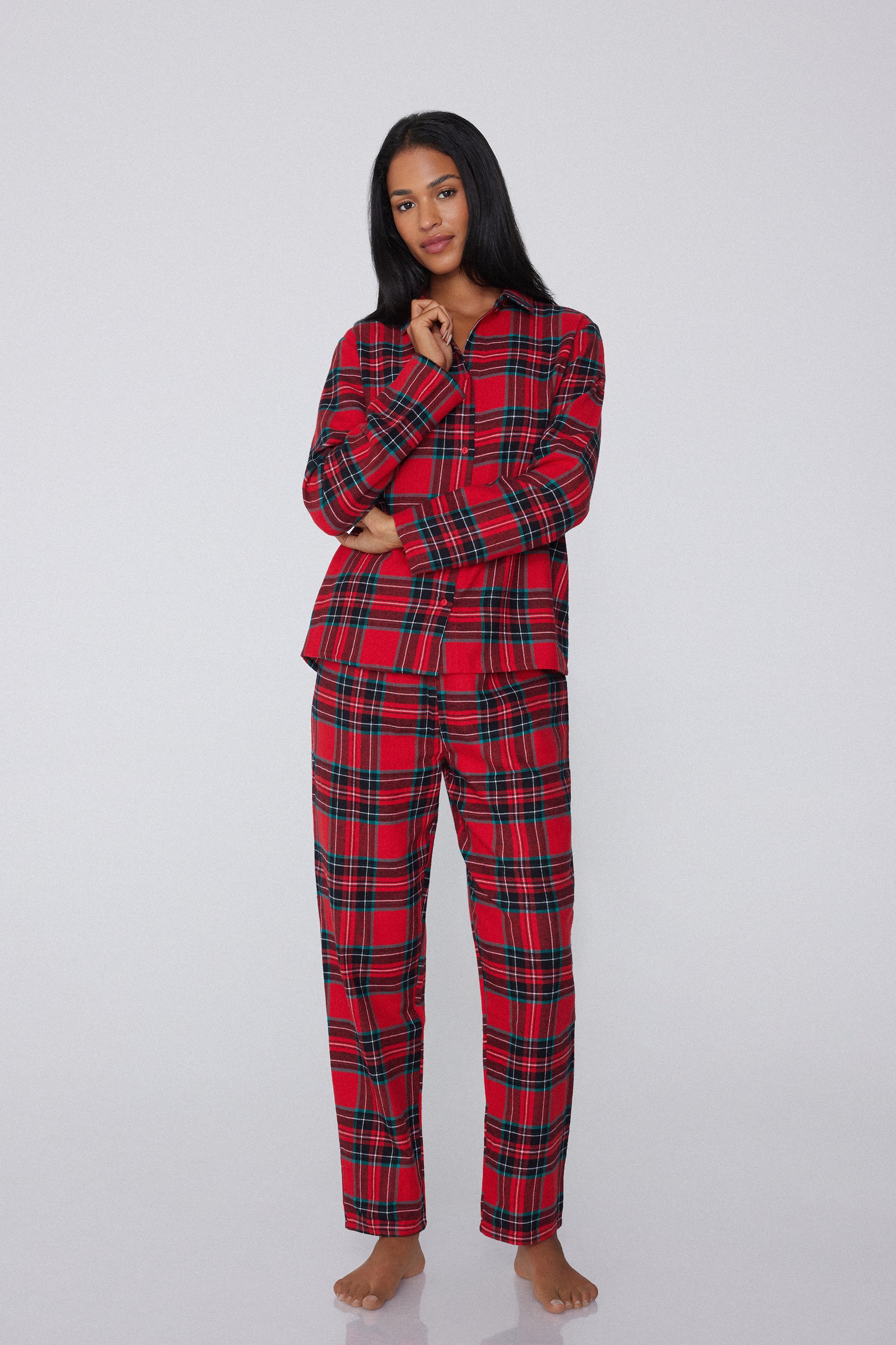 Full-Length Button-Down Tartan Flannel Pajamas