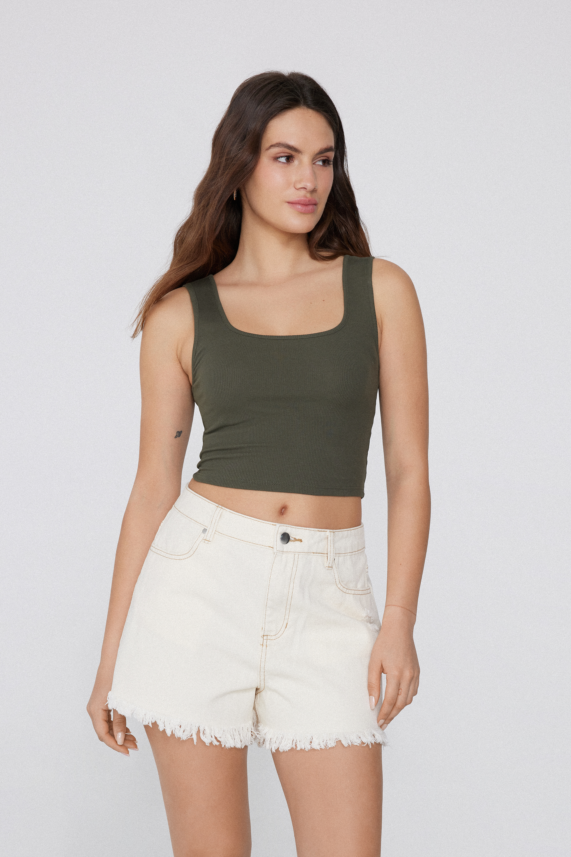 Wide Shoulder Strap Ribbed Cotton Crop Top
