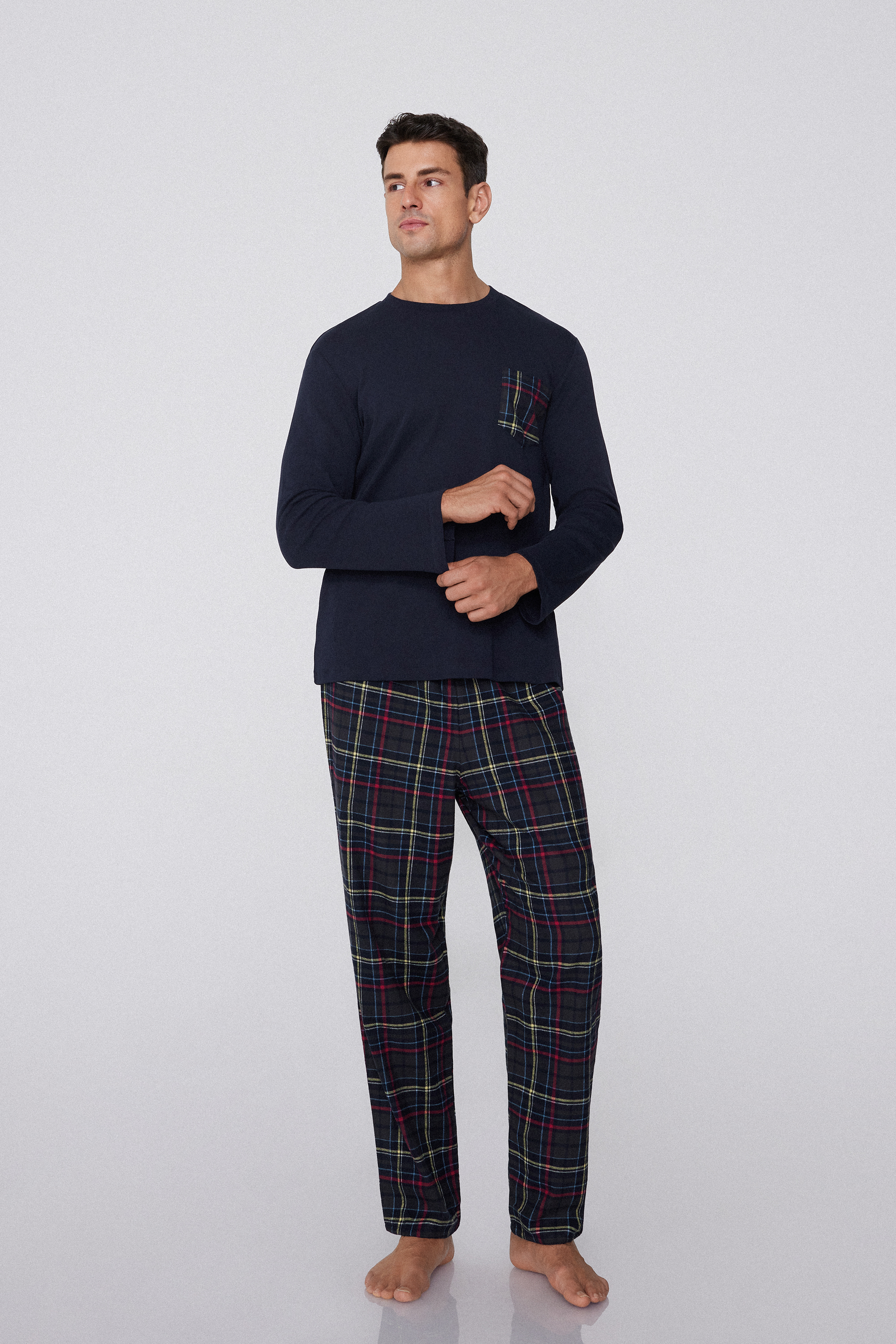 Full Length Flannel Pajamas with Tartan Pocket