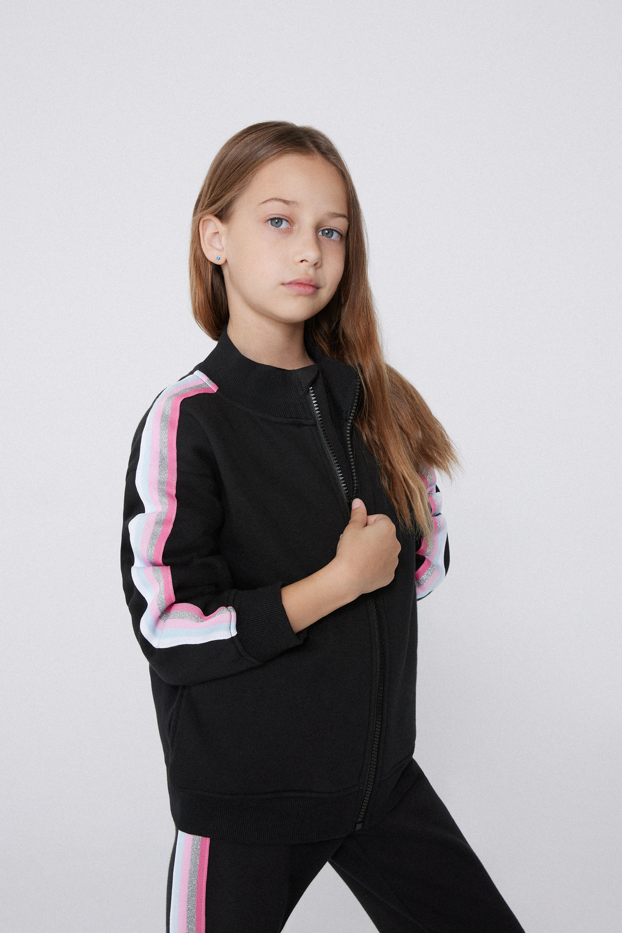 Sweat Fille Molleton &Eacute;pais Fermeture Zipp&eacute;e Bandes Lat&eacute;rales