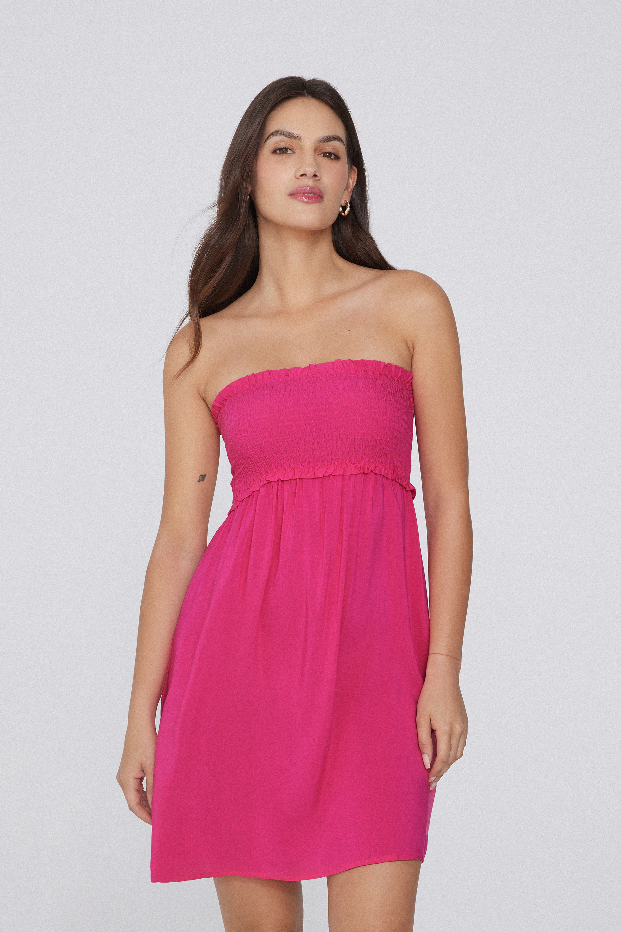 Smocked Viscose Fabric Bandeau Mini Dress