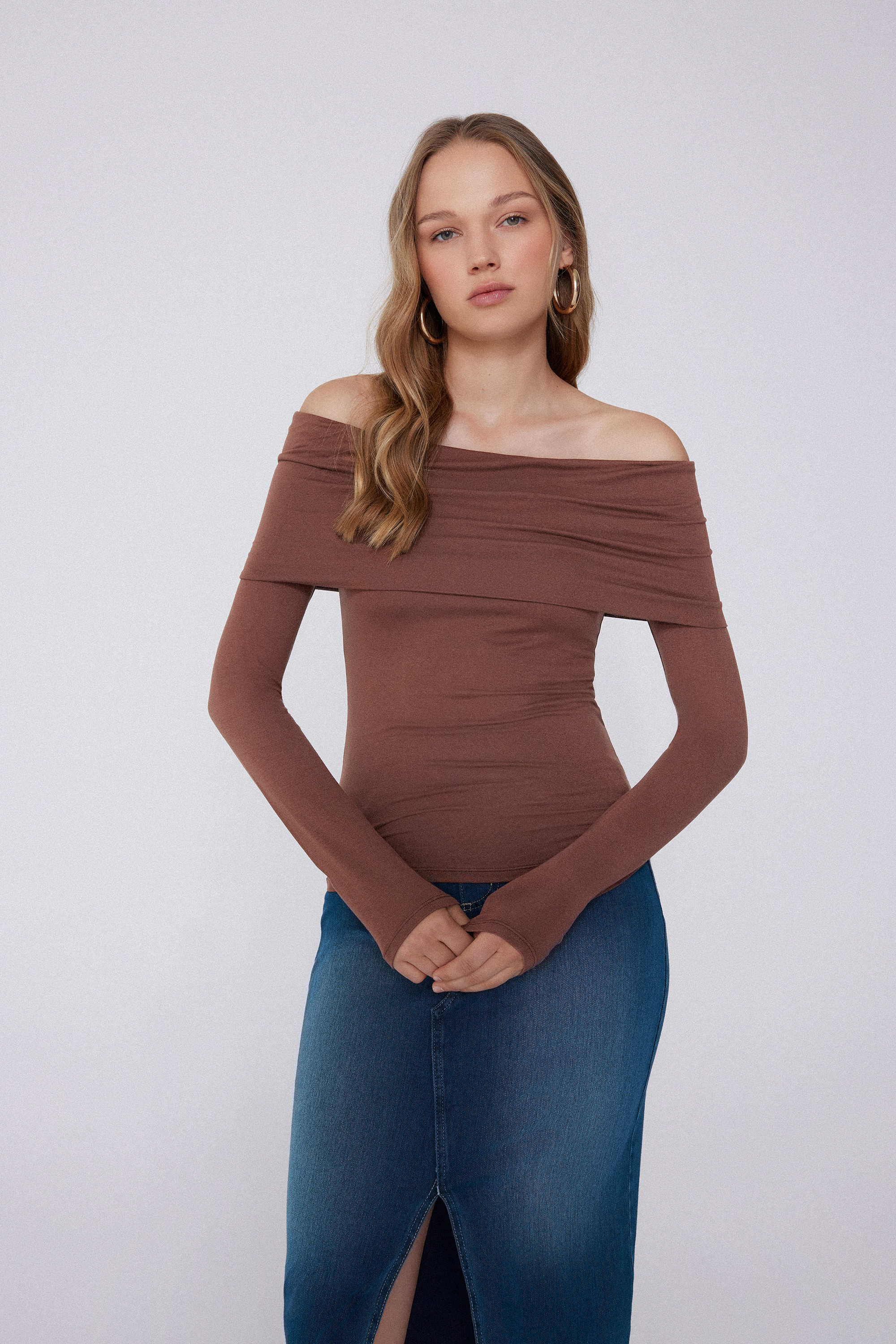 Off-Shoulder Long Sleeve Viscose Top