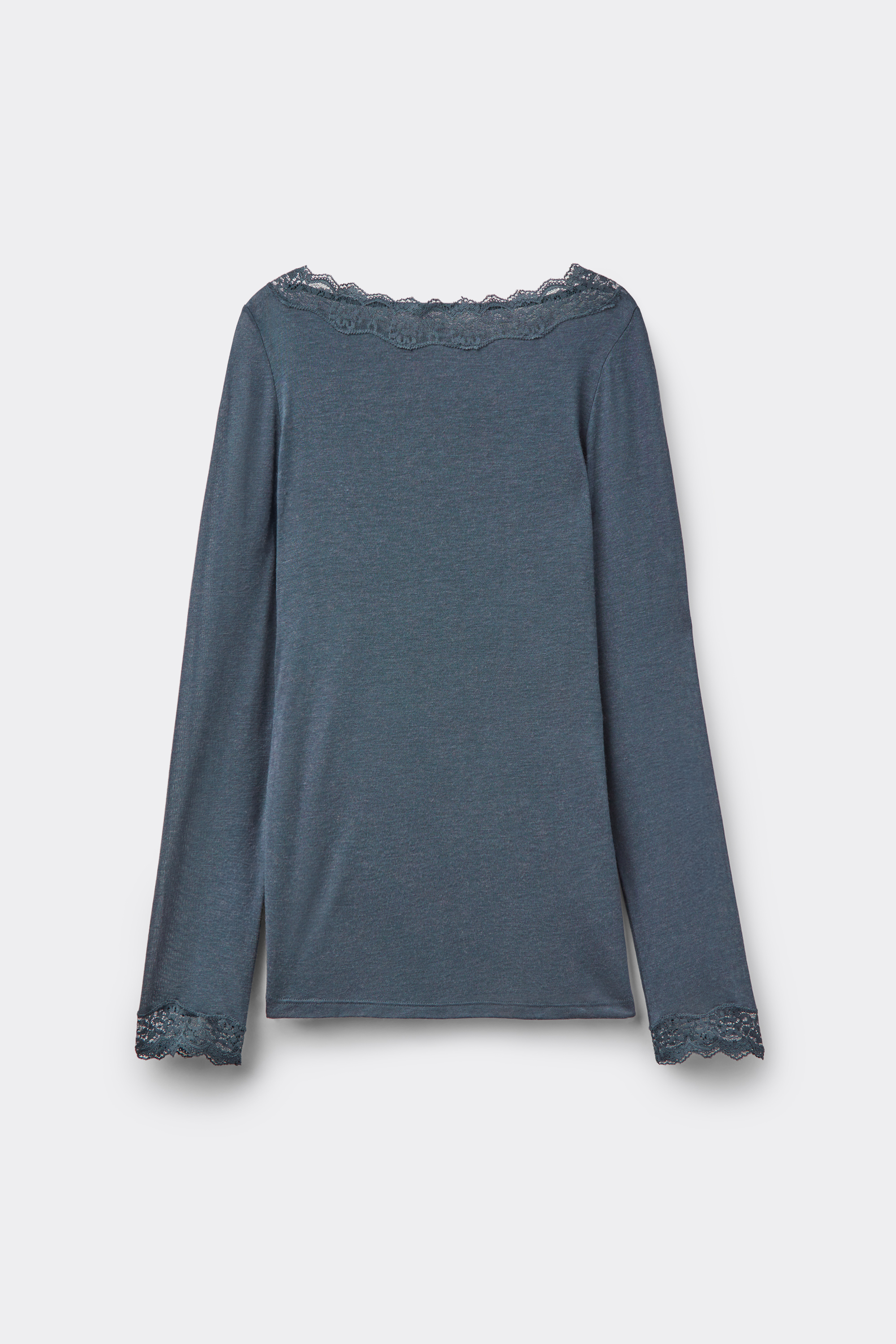 Long-Sleeved Lace/Merino Wool Top with Boat Neck
