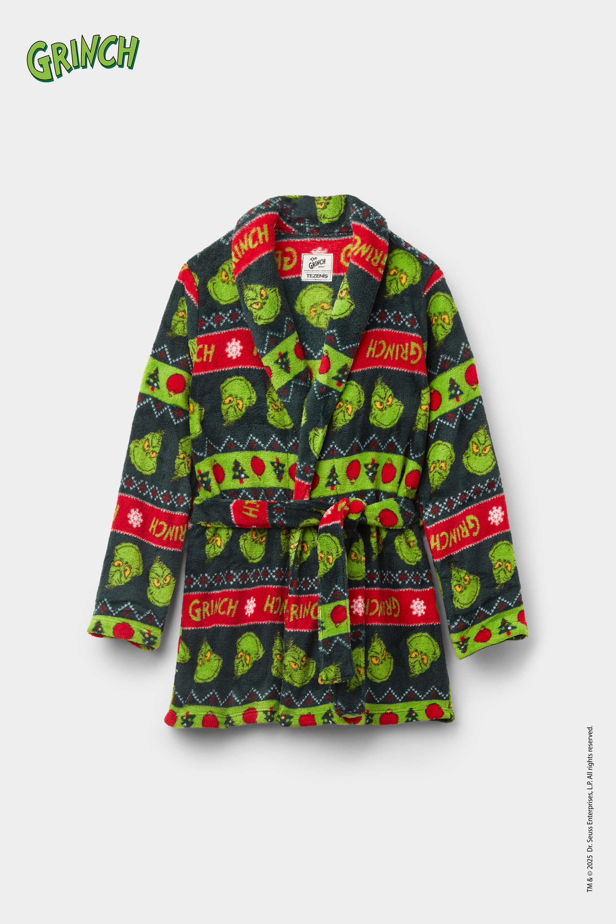 Unisex Kids Christmas Grinch Light Fleece Dressing Gown