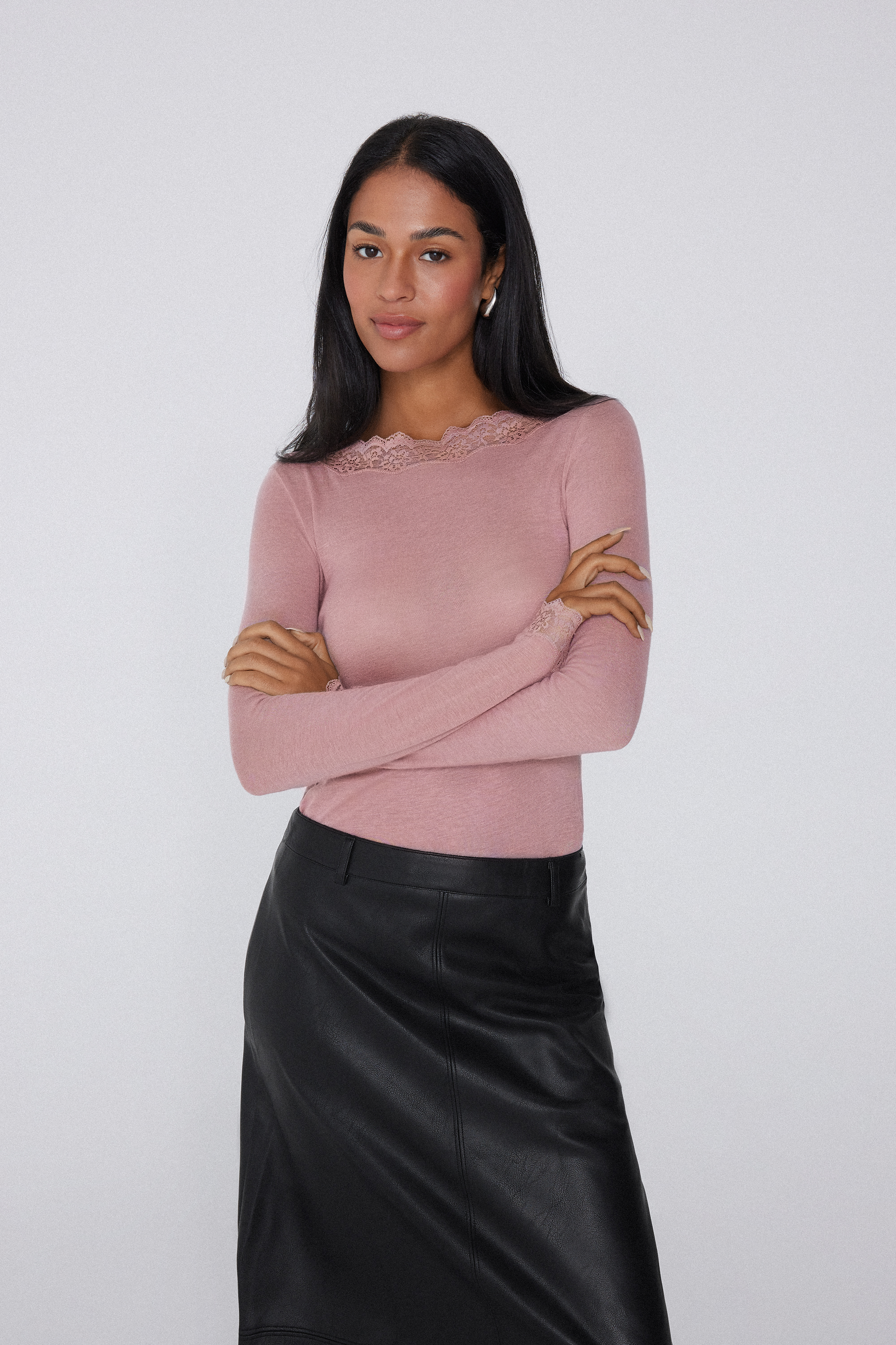 Long-Sleeved Merino Wool and Lace Boat-Neck Top