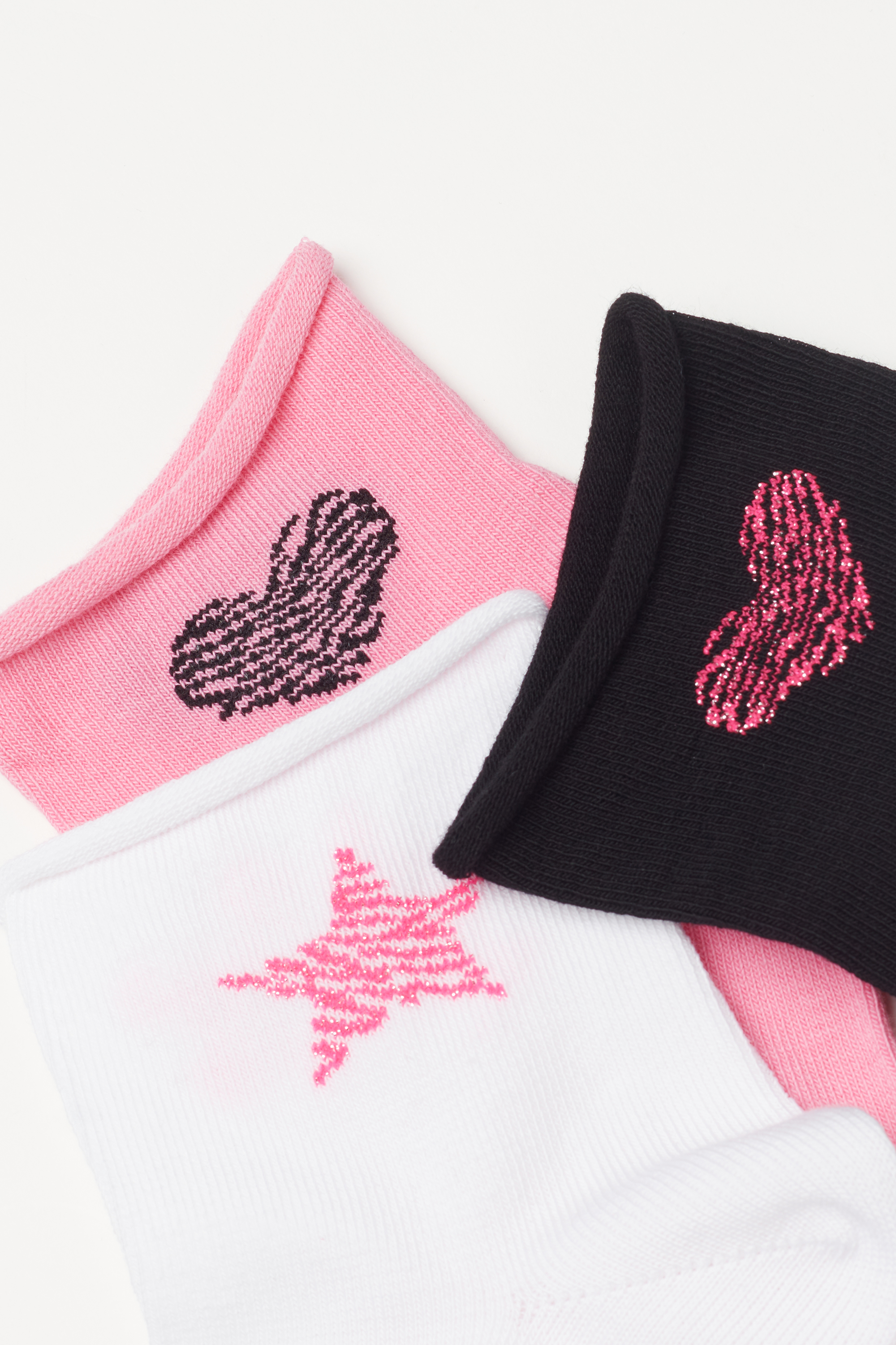 Three Pairs of Girls' Short Patterned Hemless Cotton Socks