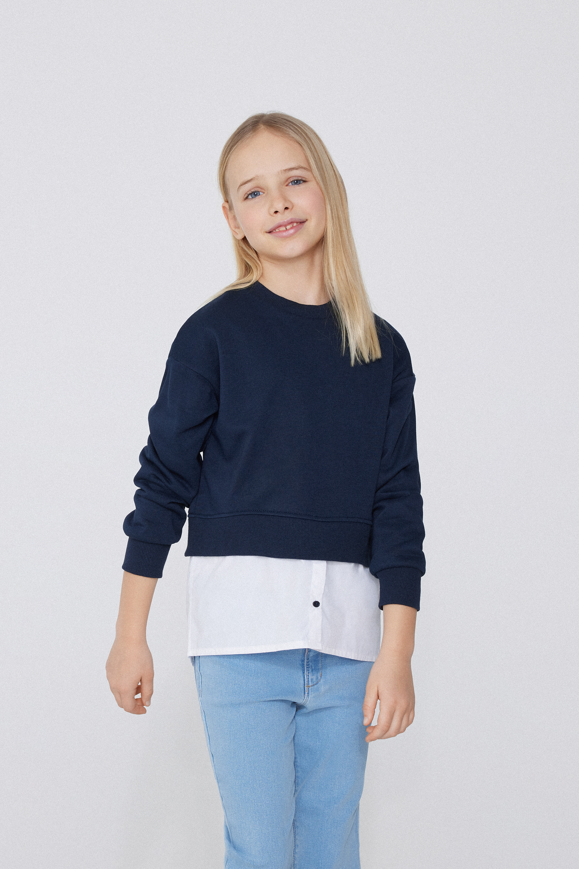Girls&rsquo; Long Sleeve Shirt-Effect Cotton Sweatshirt