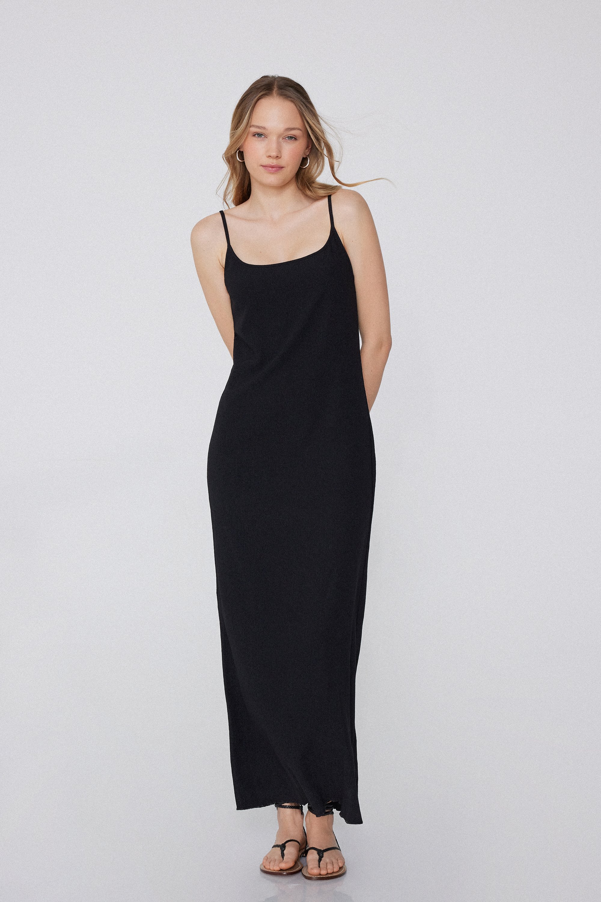 Crepe-Effect Midi Dress with Thin Shoulder Straps