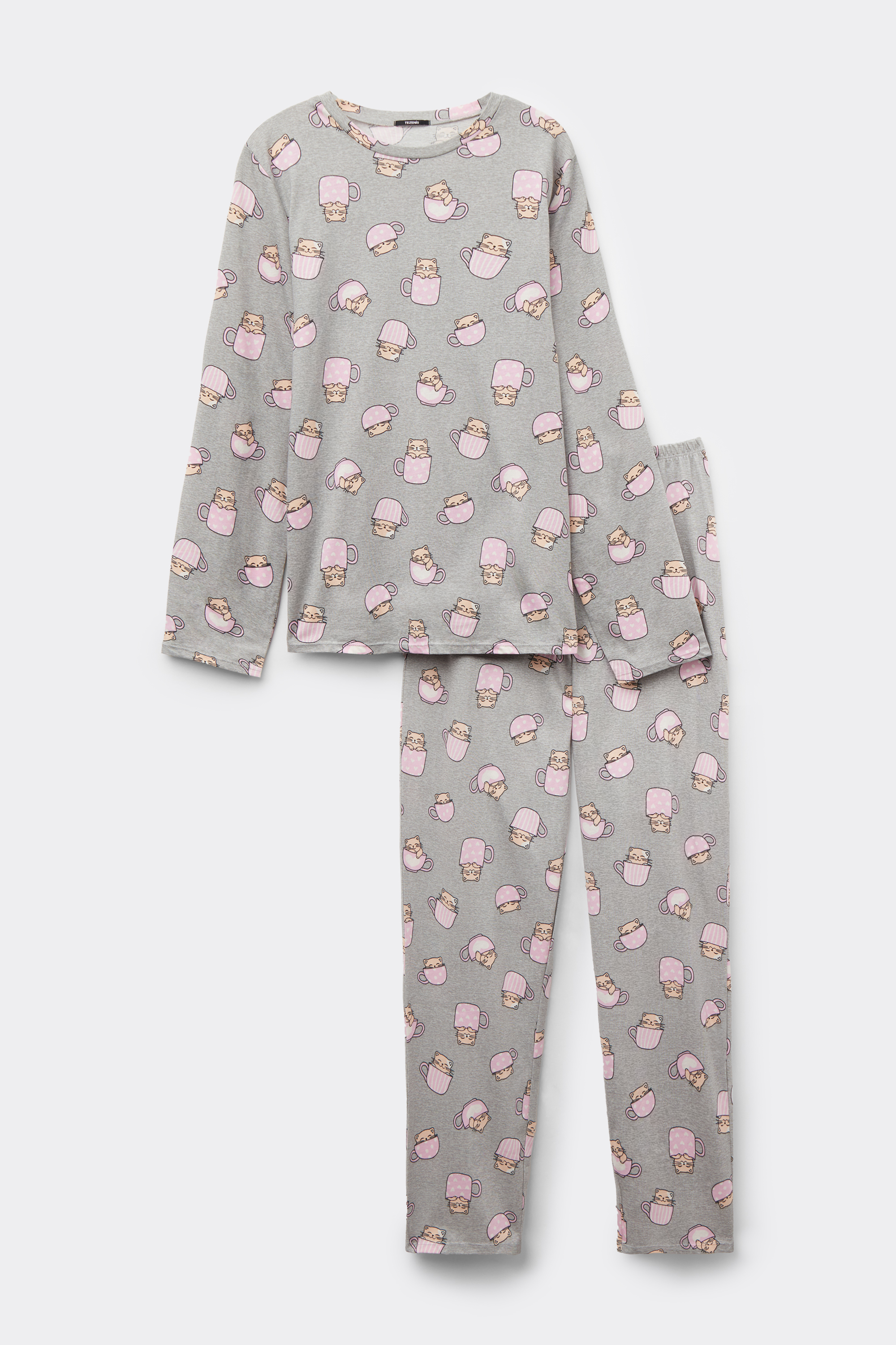 Duga Pamučna Pidžama s Printom Mačkica