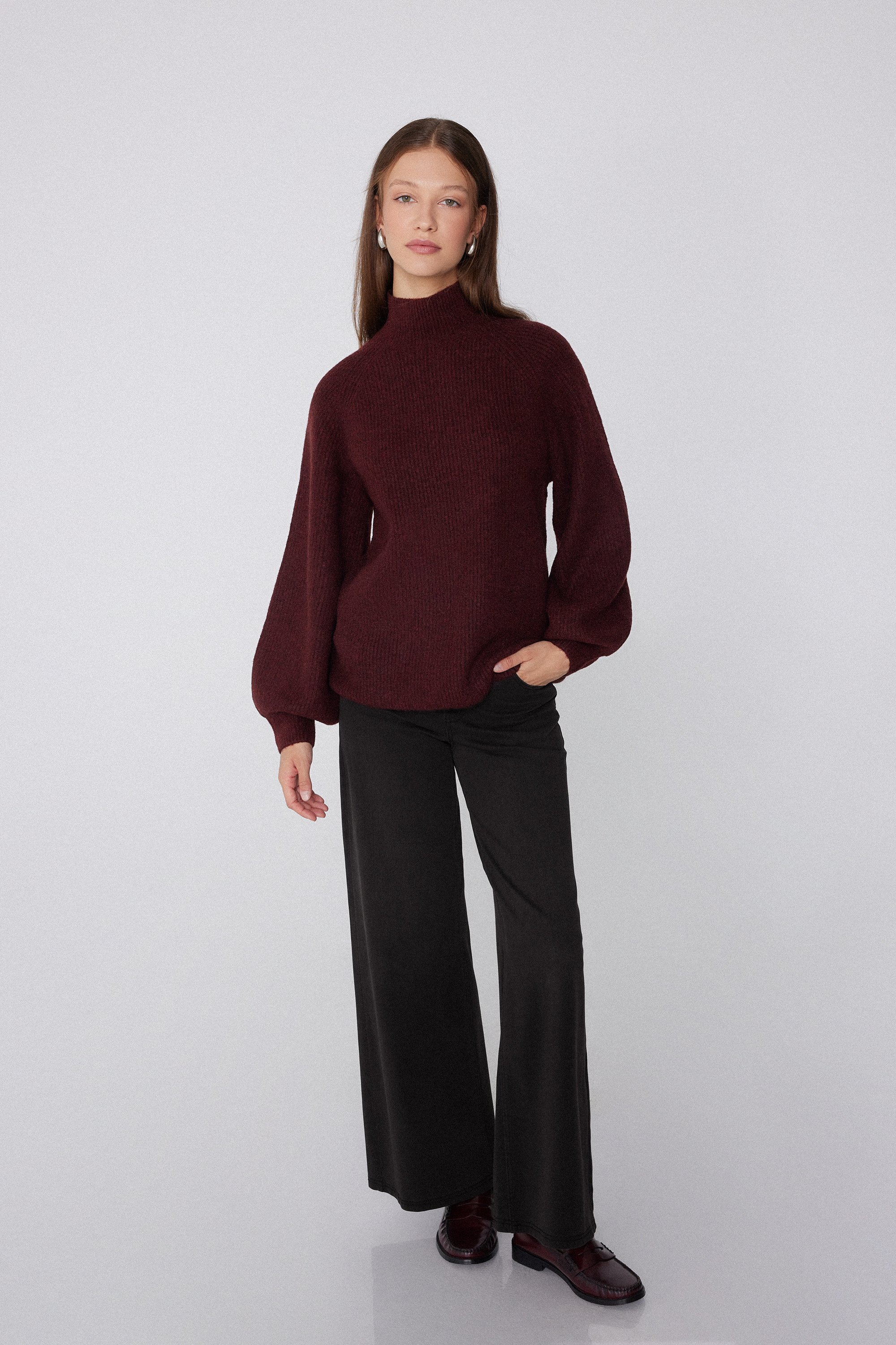 Long-Sleeved Ribbed Wide Round Neck Sweater
