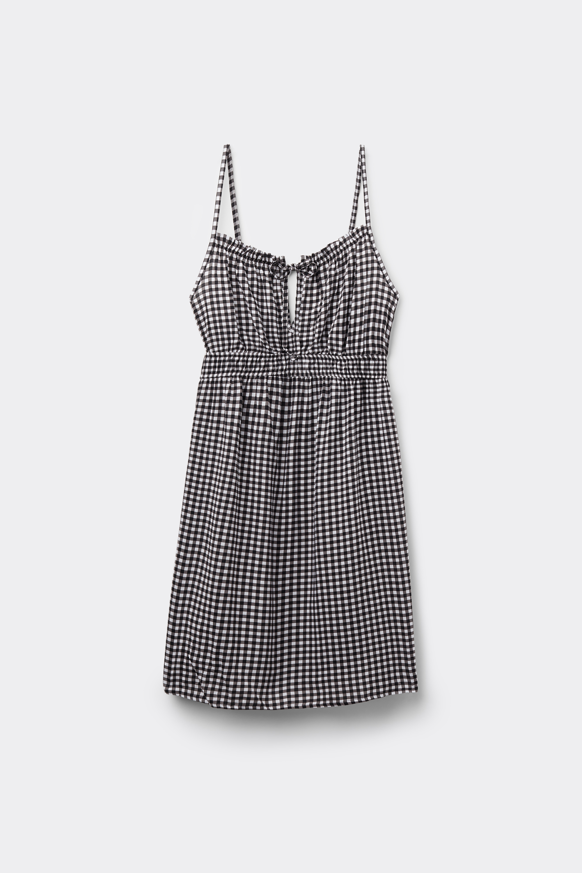 Short Viscose Canvas Dress with Narrow Shoulder Straps and Gathering