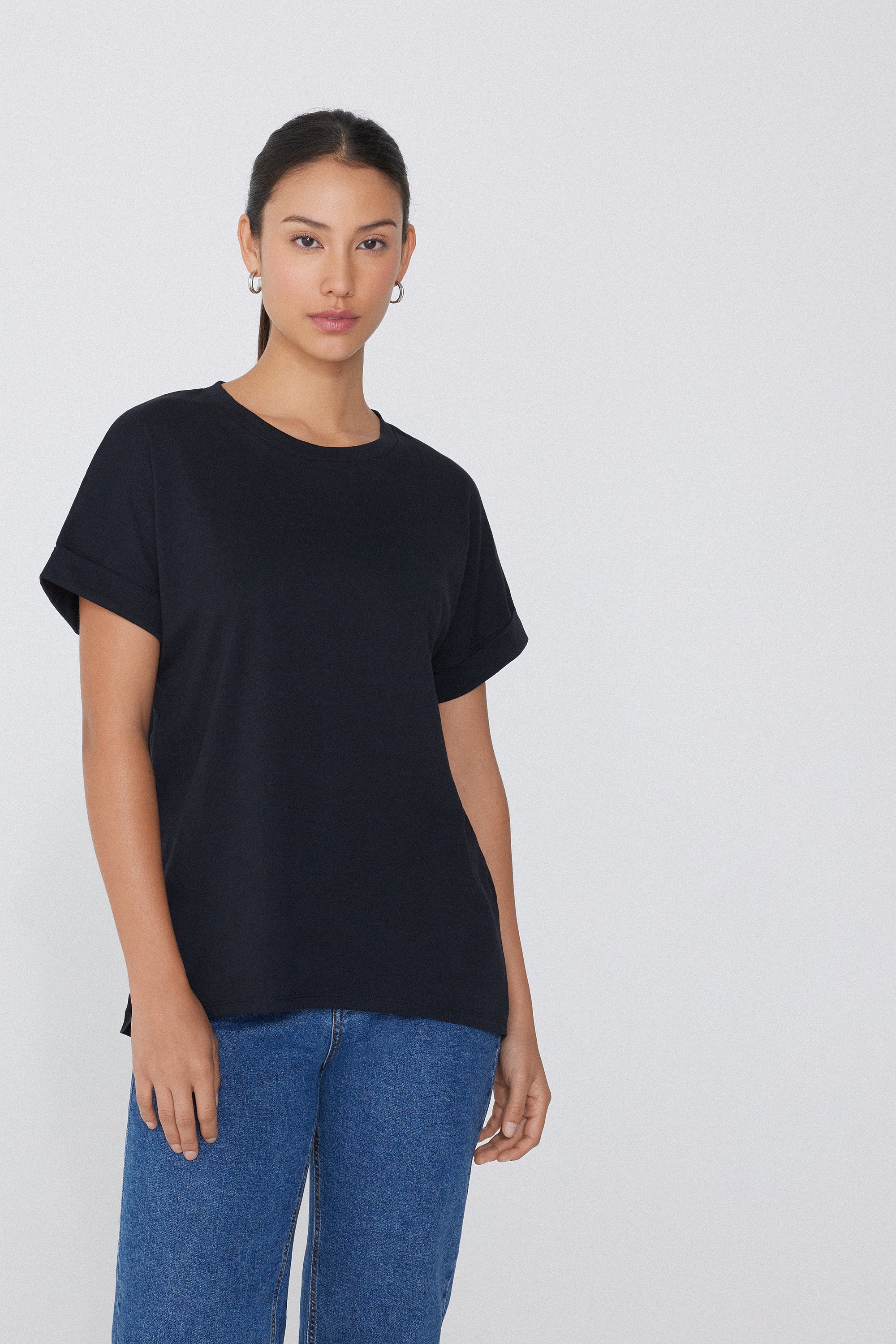 Turned-Up Kimono Sleeve Cotton T-Shirt