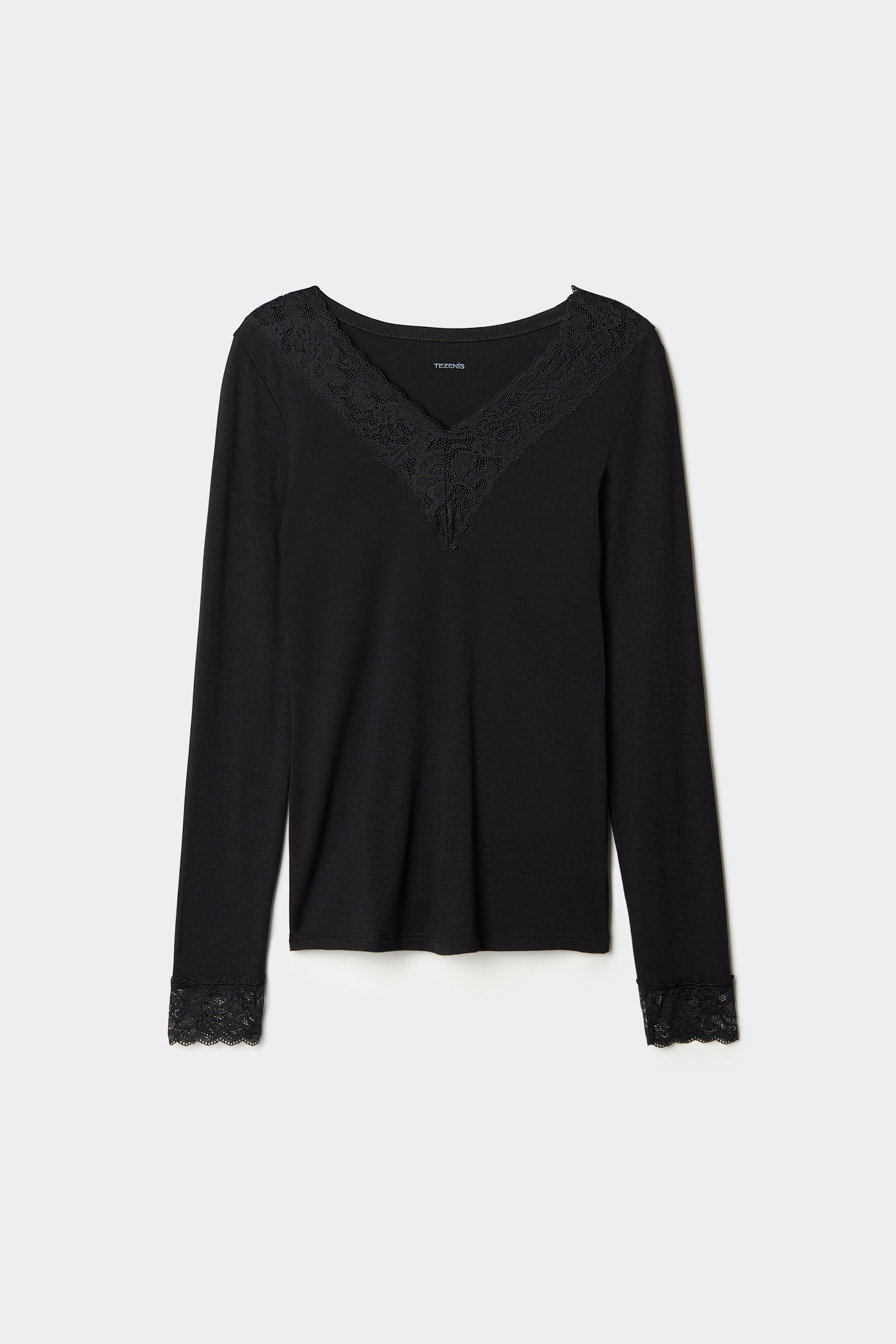 Топ із V-Подібним Вирізом і Довгими Рукавами з Віскози та Мережива