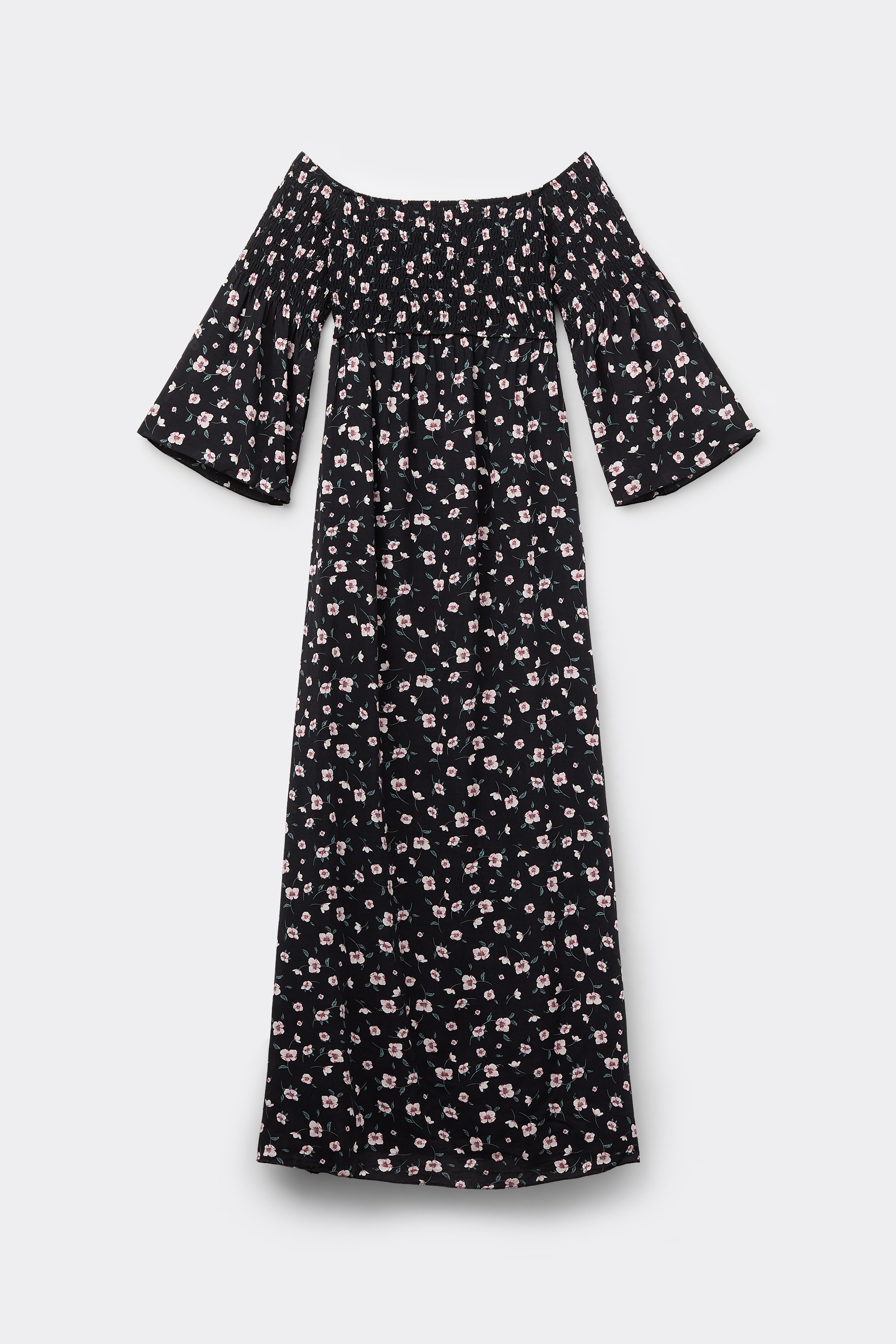 Long Off-the-Shoulder Smock-Stitched Dress