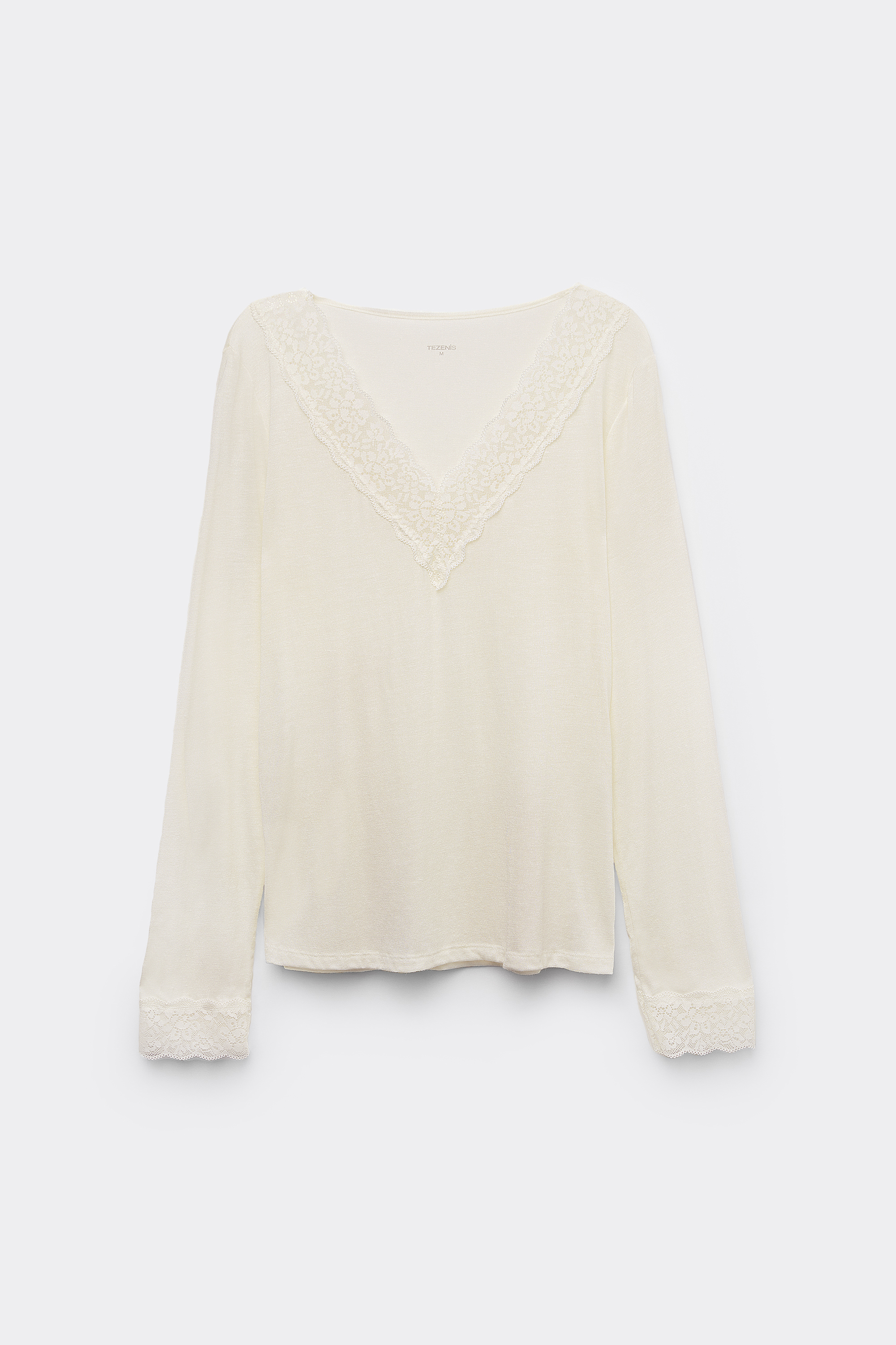 Camiseta Manga Larga Escote Pico Encaje/Lana Merina