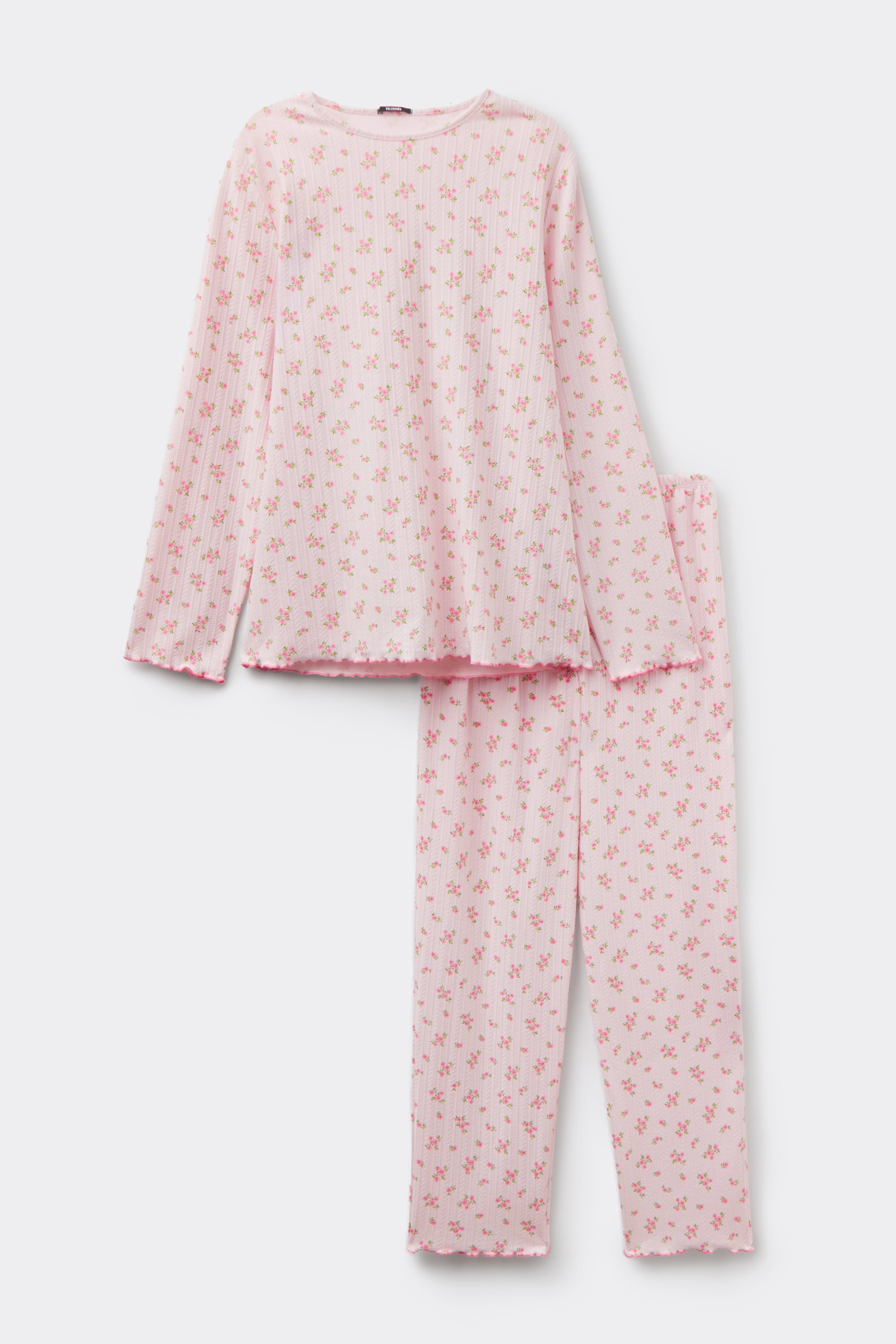 Long Ribbed Cotton Pajamas with Flower Print
