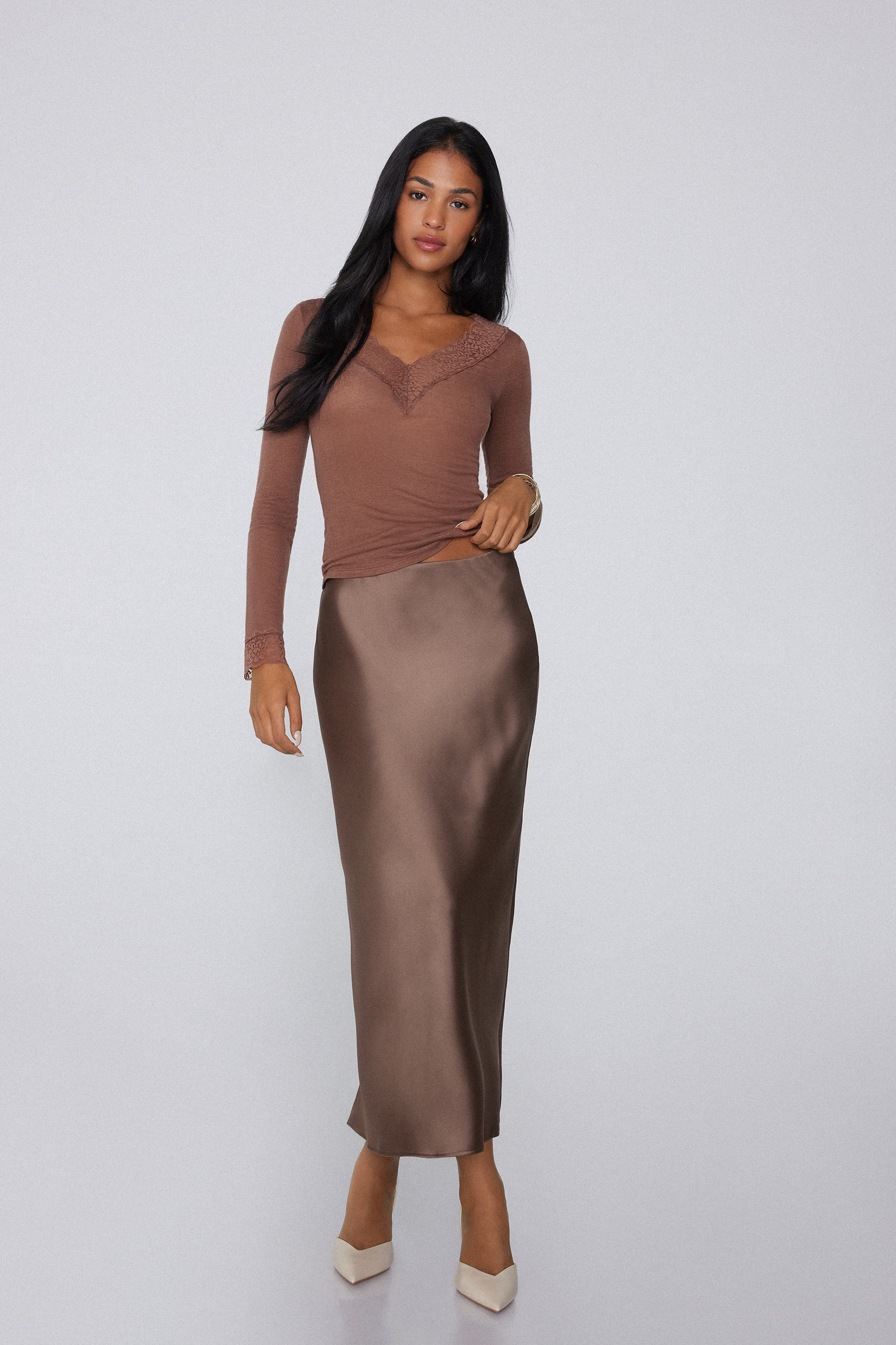 Long-Sleeved Merino Wool and Lace V-Neck Top