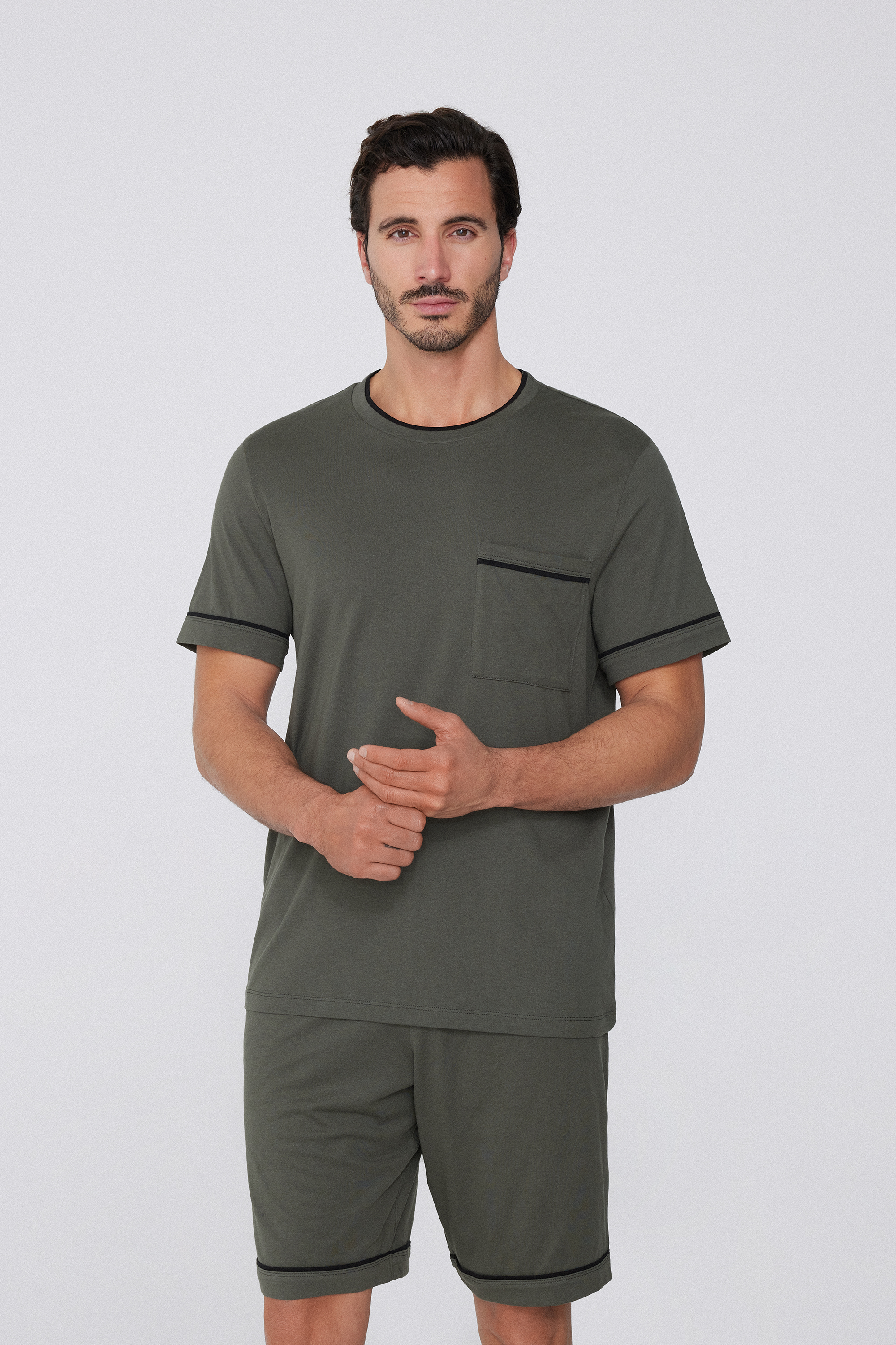 Piped Basic Short Cotton Pyjamas with Pocket