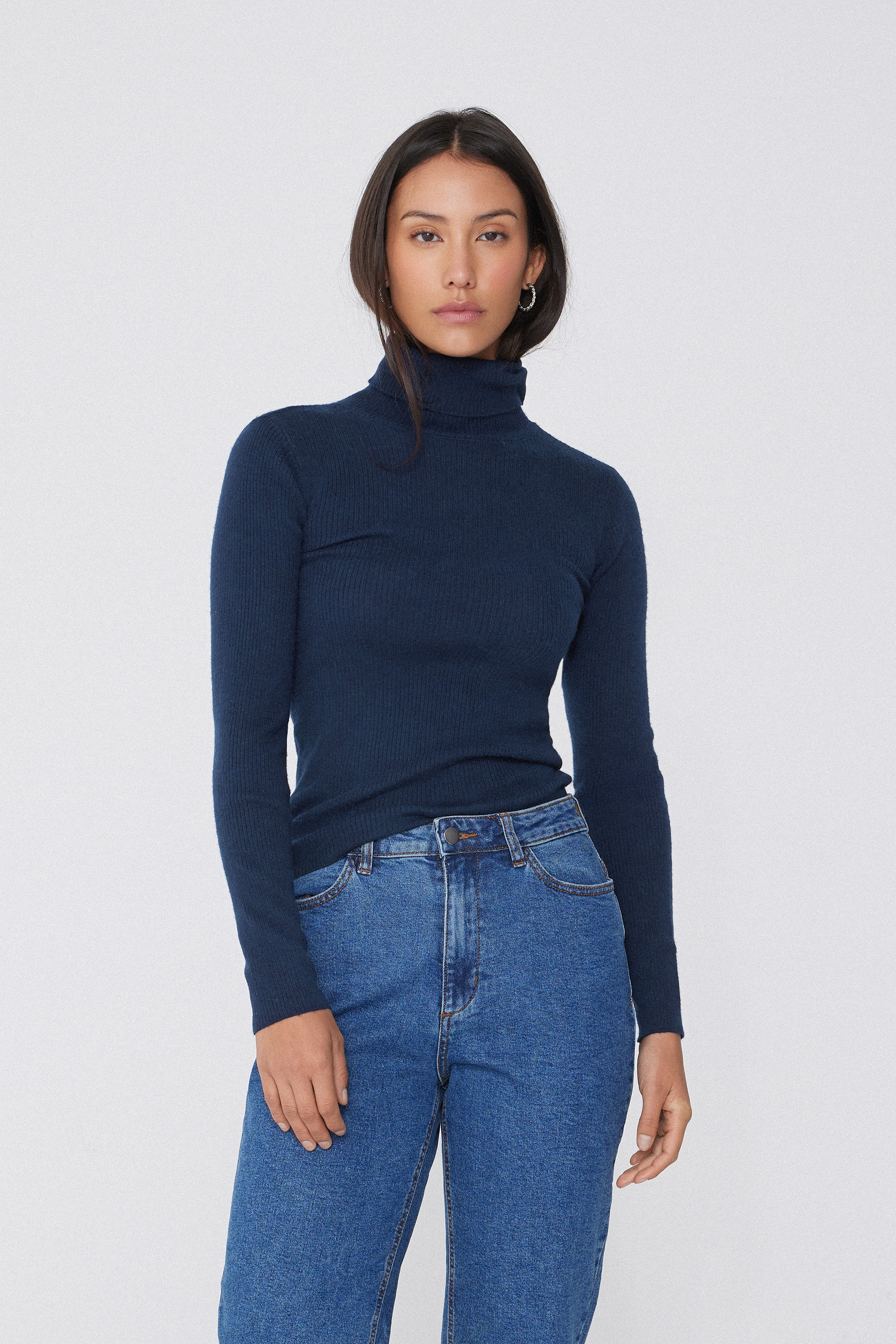 Pull &Eacute;pais Manches Longues Col Montant C&ocirc;tel&eacute; avec Laine