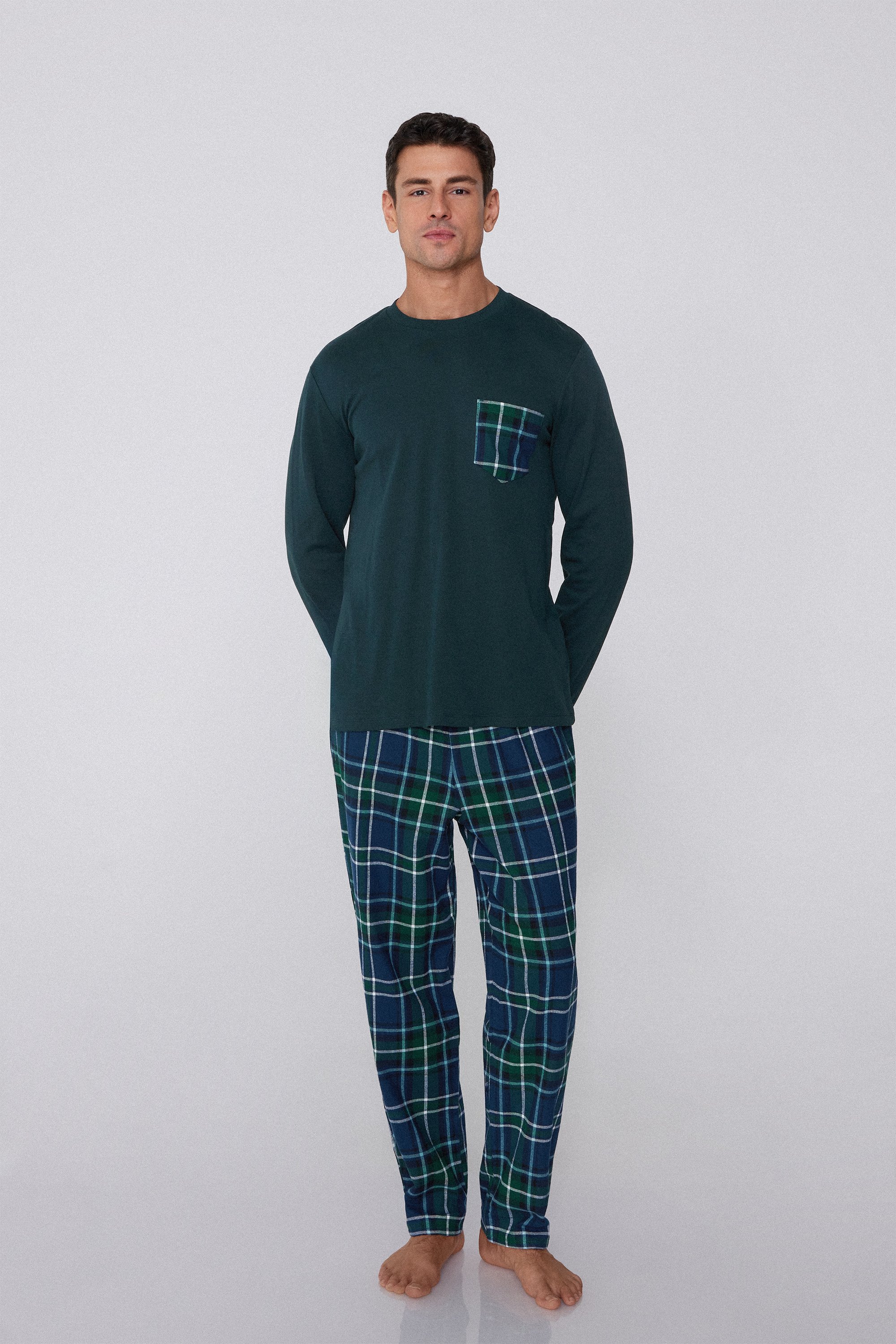 Full Length Flannel Pajamas with Tartan Pocket
