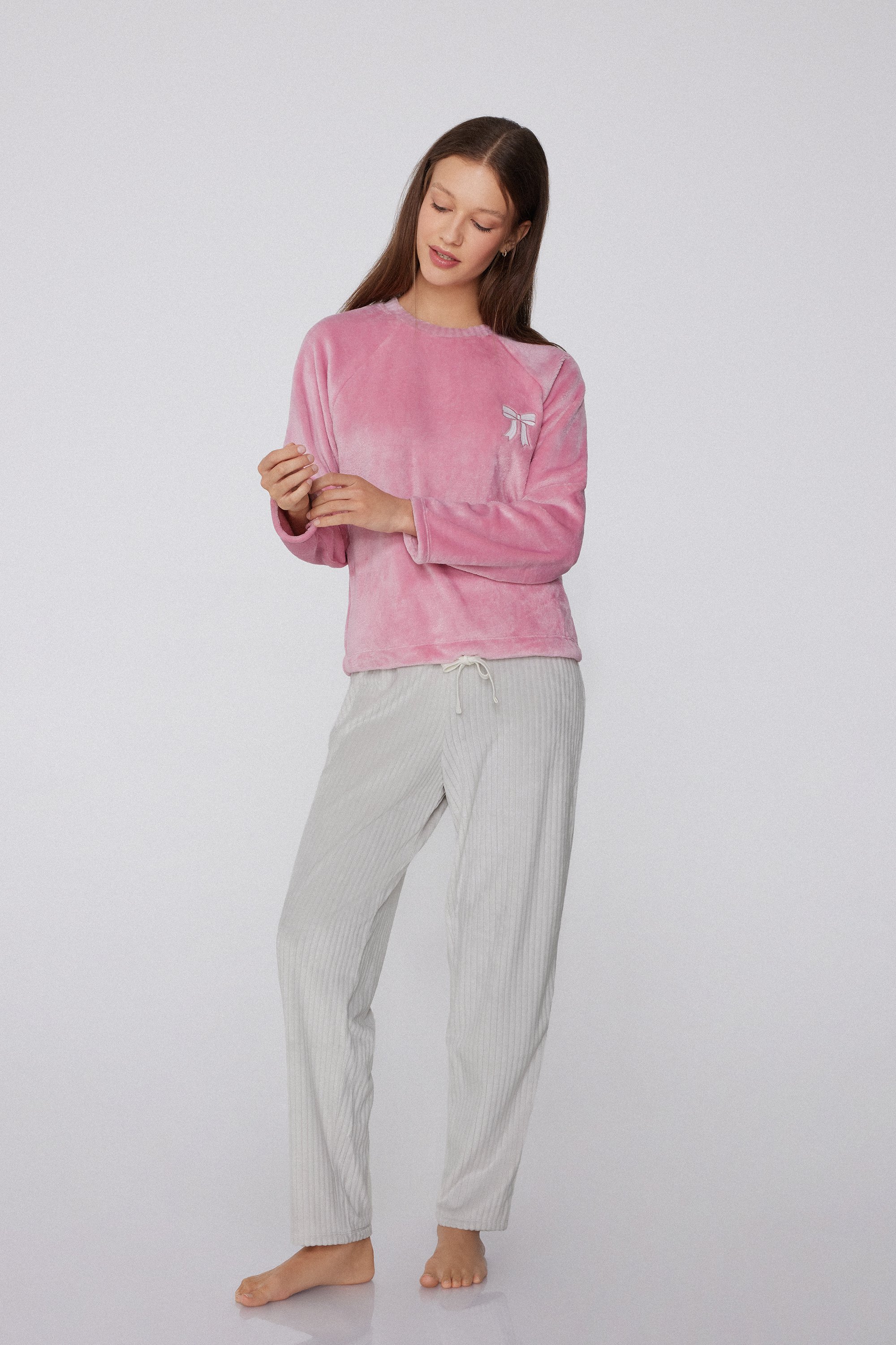 Long Fleece Pyjamas with Embroidered Bow Print
