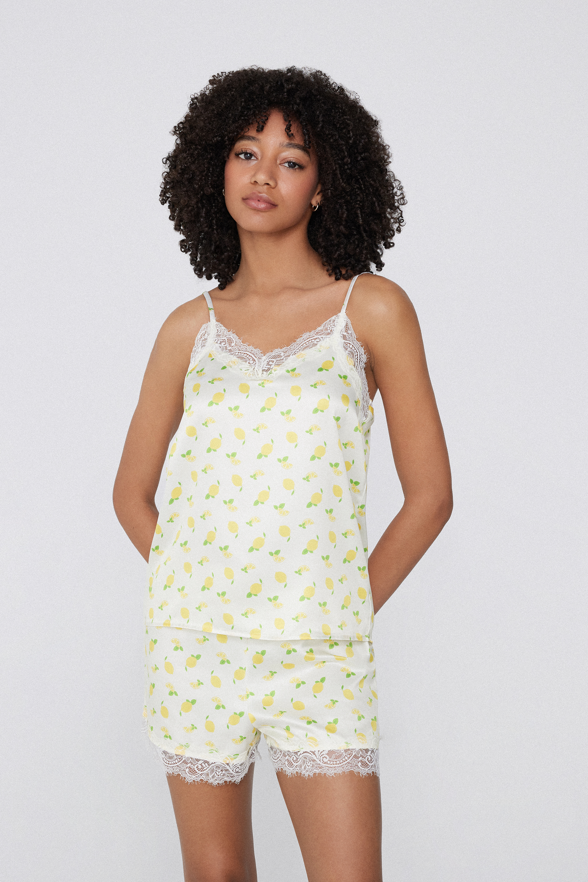 Printed Satin and Lace Camisole with Narrow Shoulder Straps