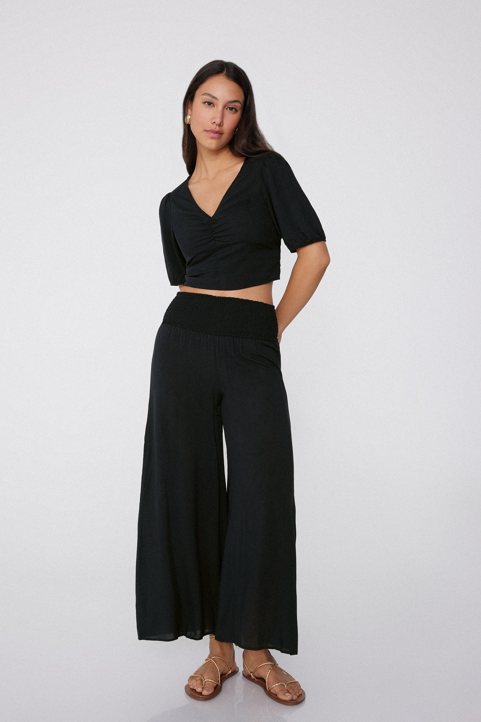 Short-Sleeved Gathered Viscose Crop Top
