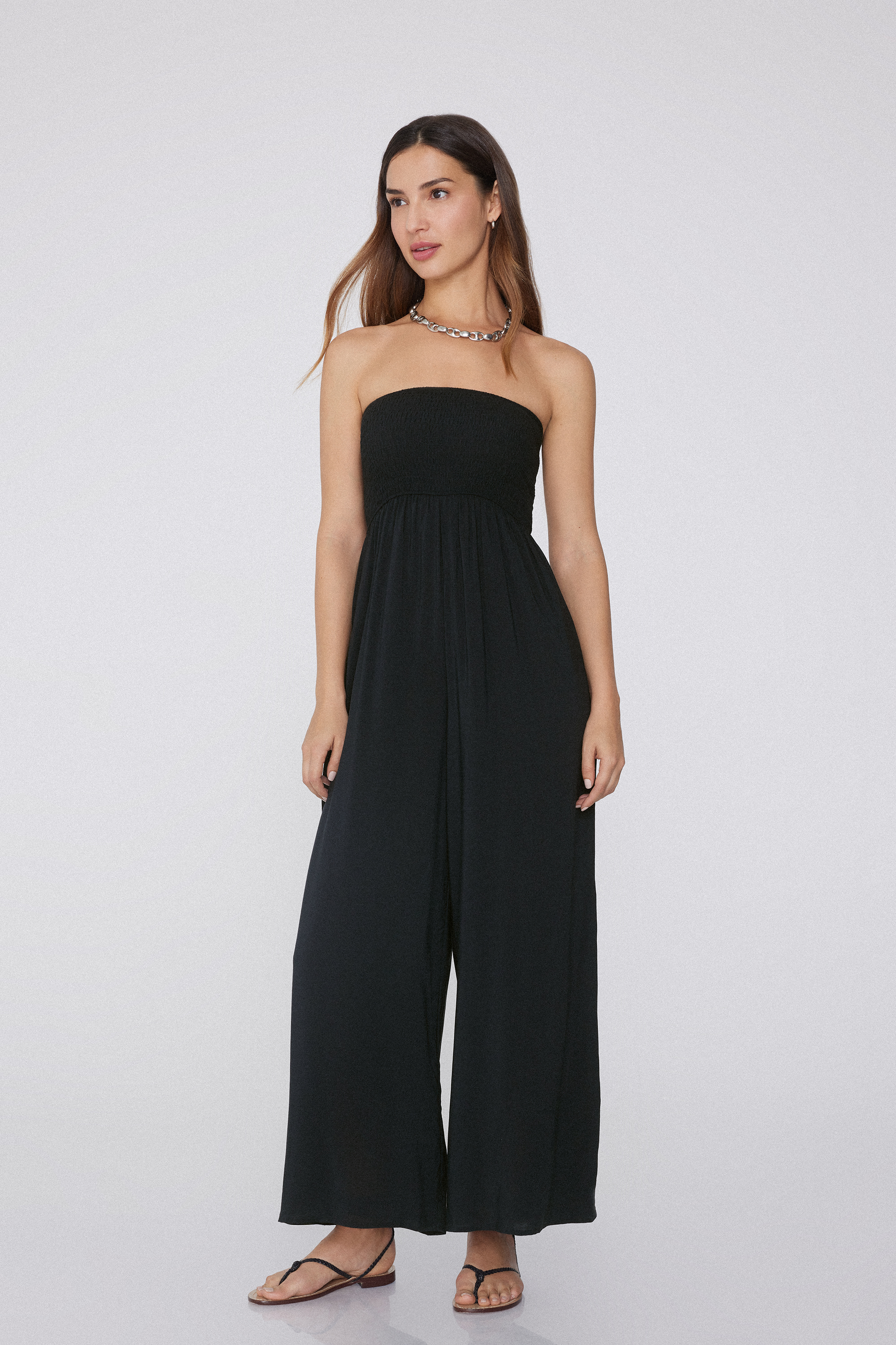 Long Smocked Viscose Bandeau Jumpsuit