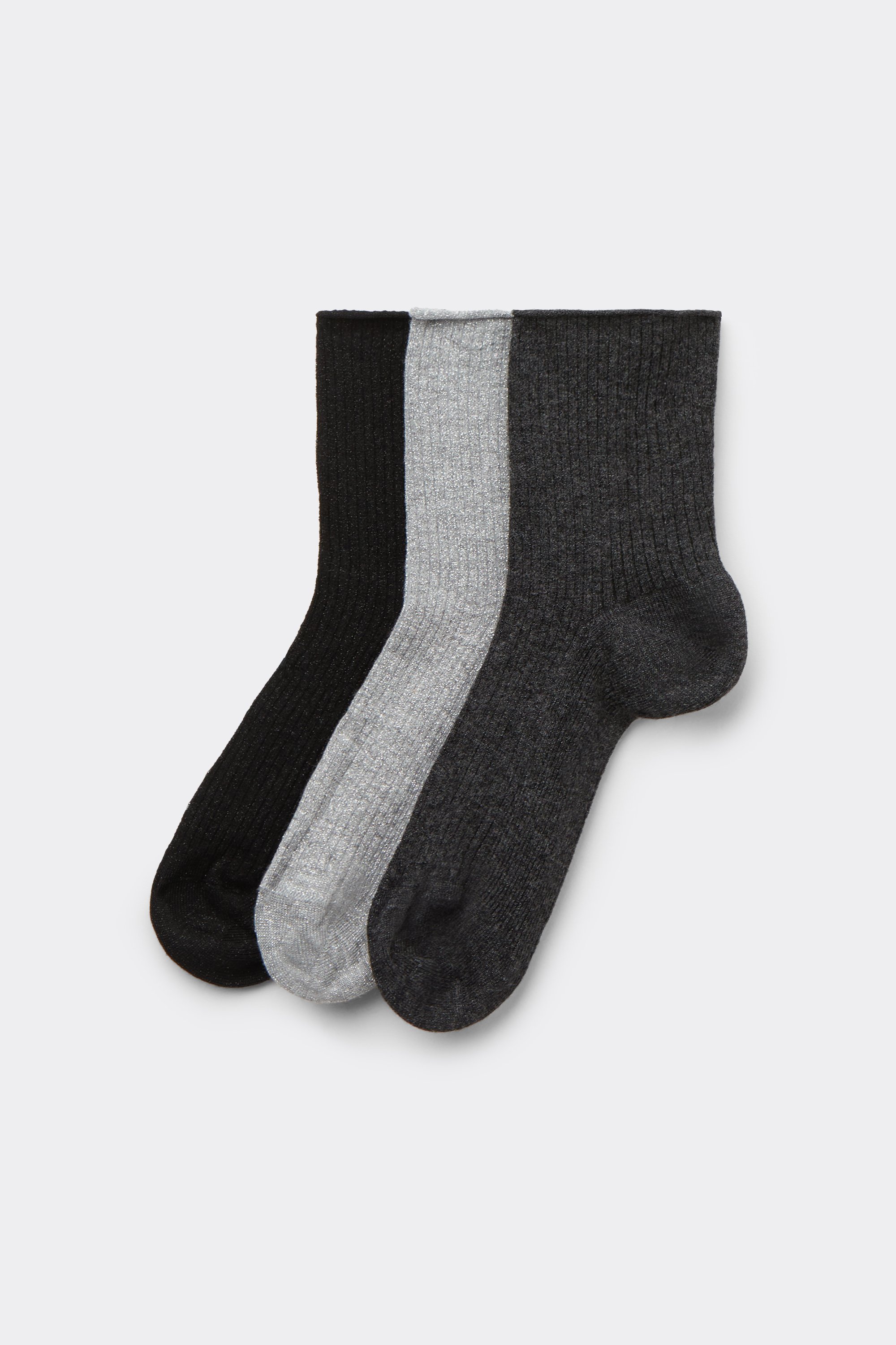 3 Pairs of Women&rsquo;s Cuffless Ribbed Crew Socks