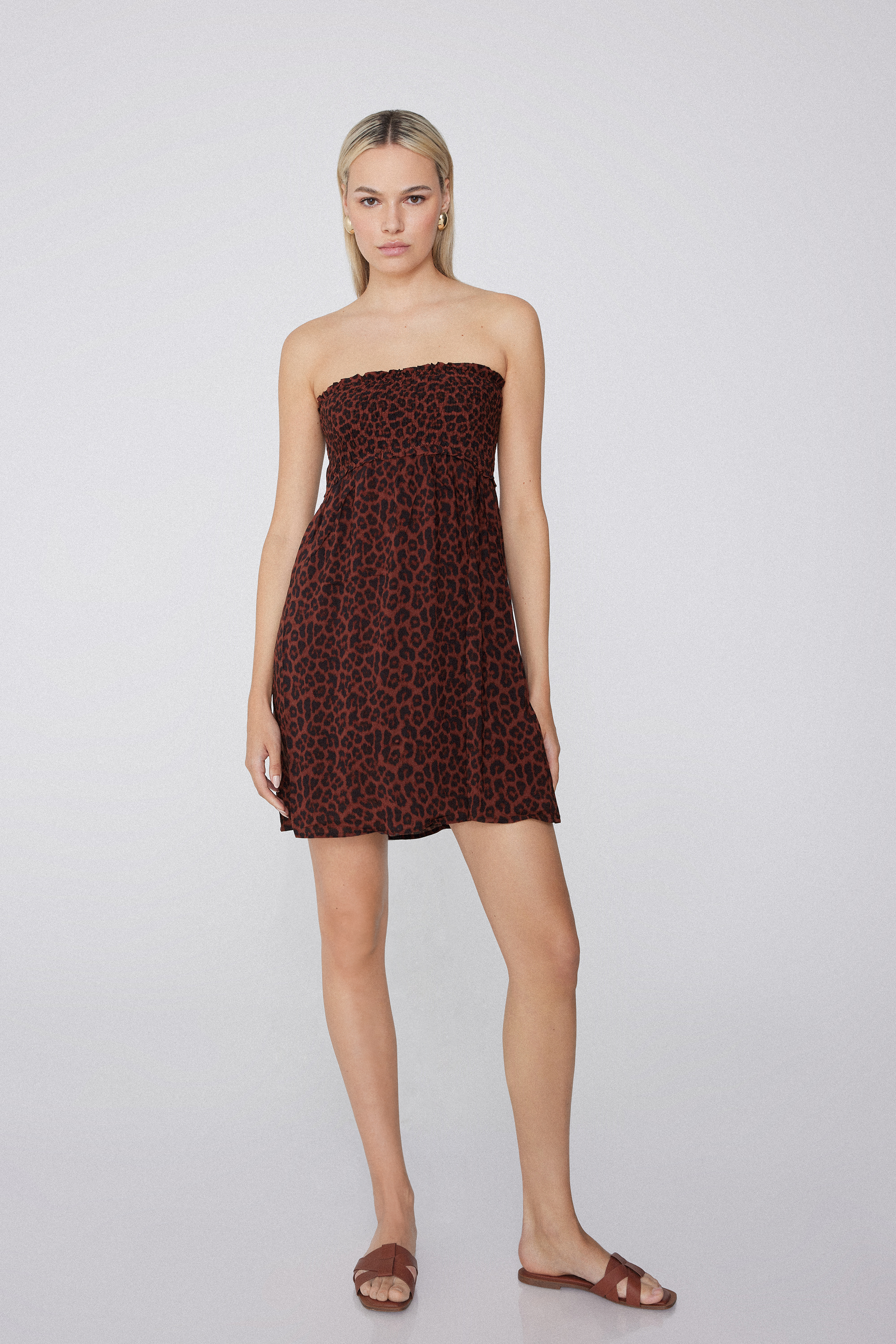 Short Bandeau Smock Stitch Viscose Fabric Dress