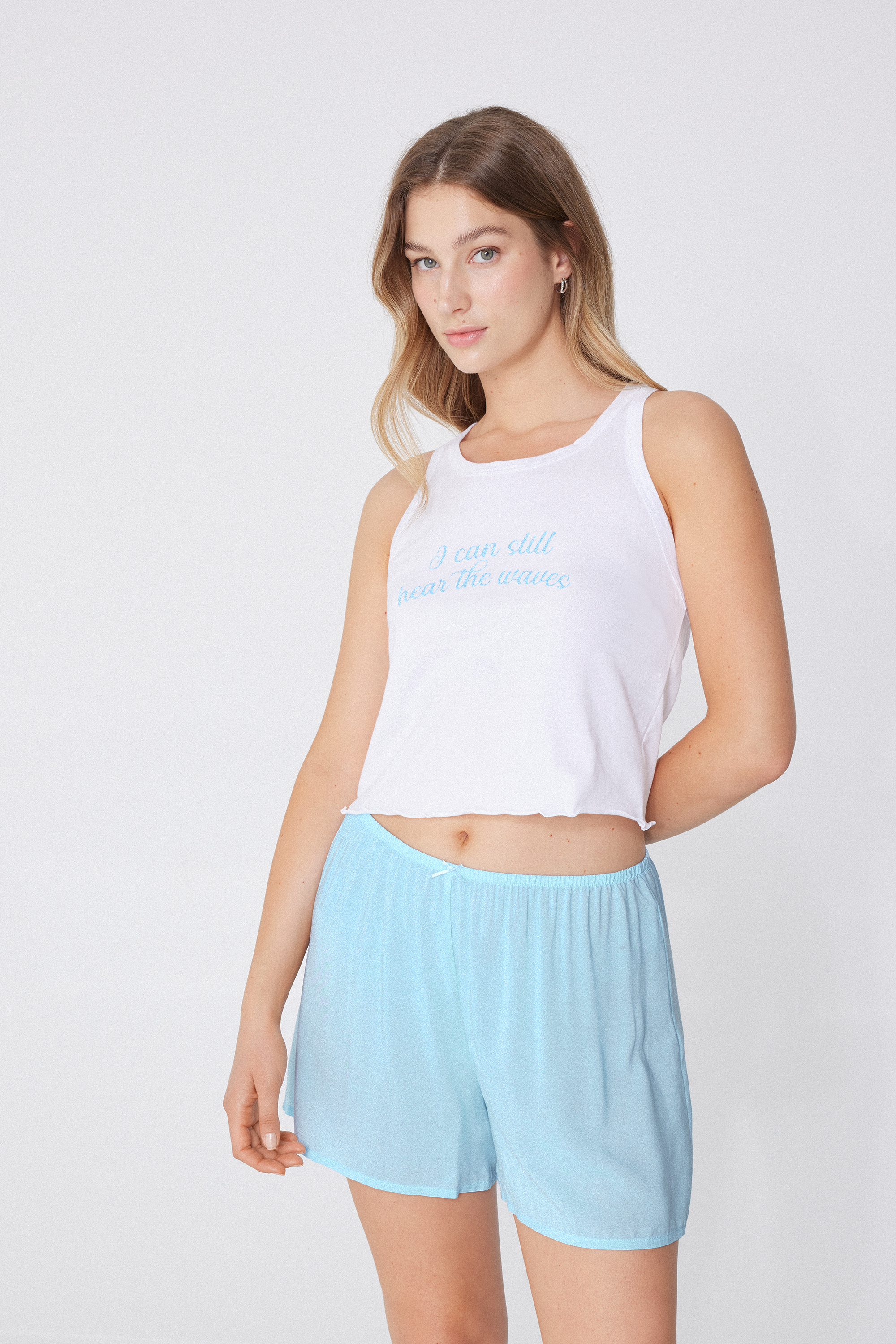 Cropped Cotton Top with Print and Rolled Hem