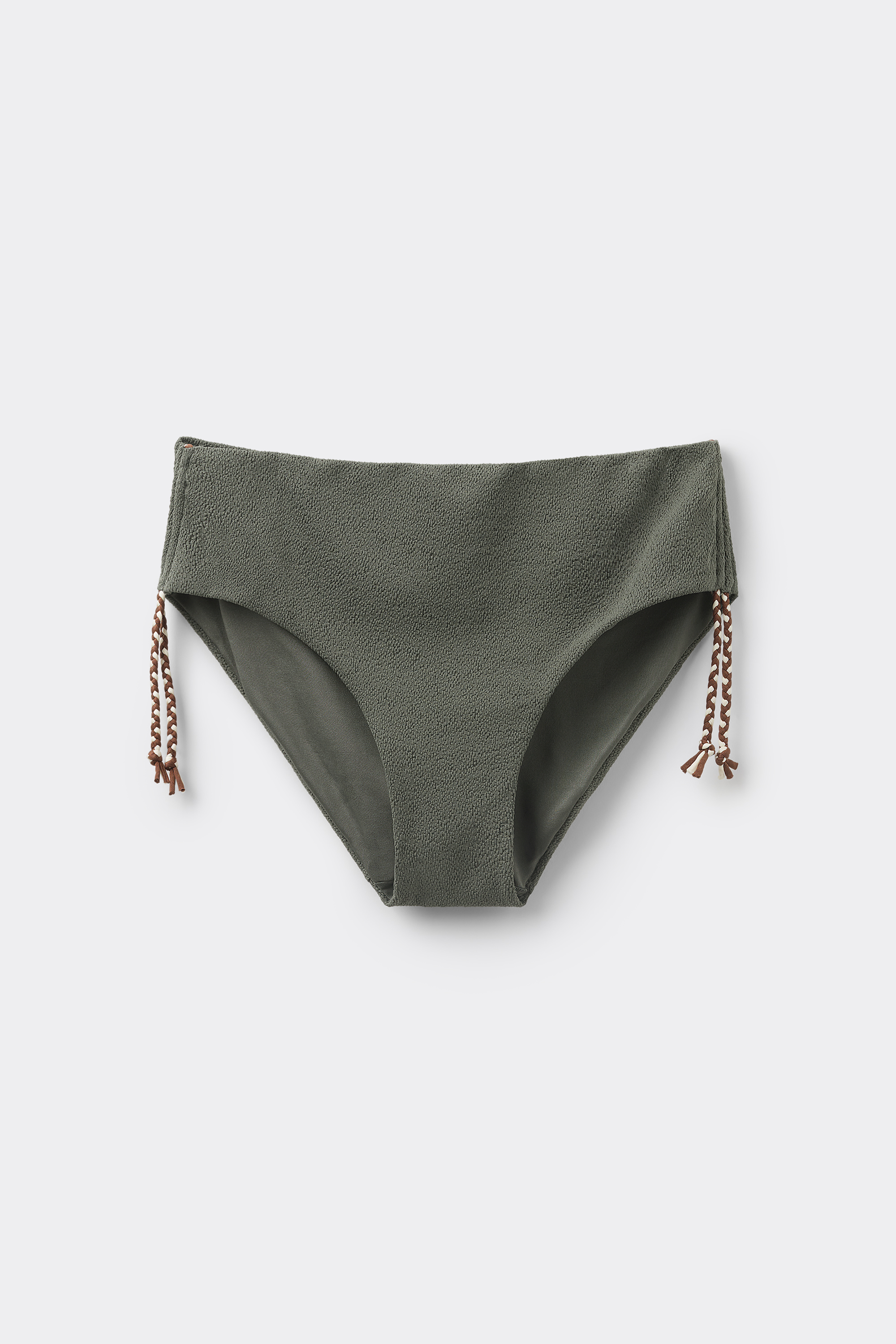 Tiki Texture High-Waist Bikini Bottoms with Drawstring