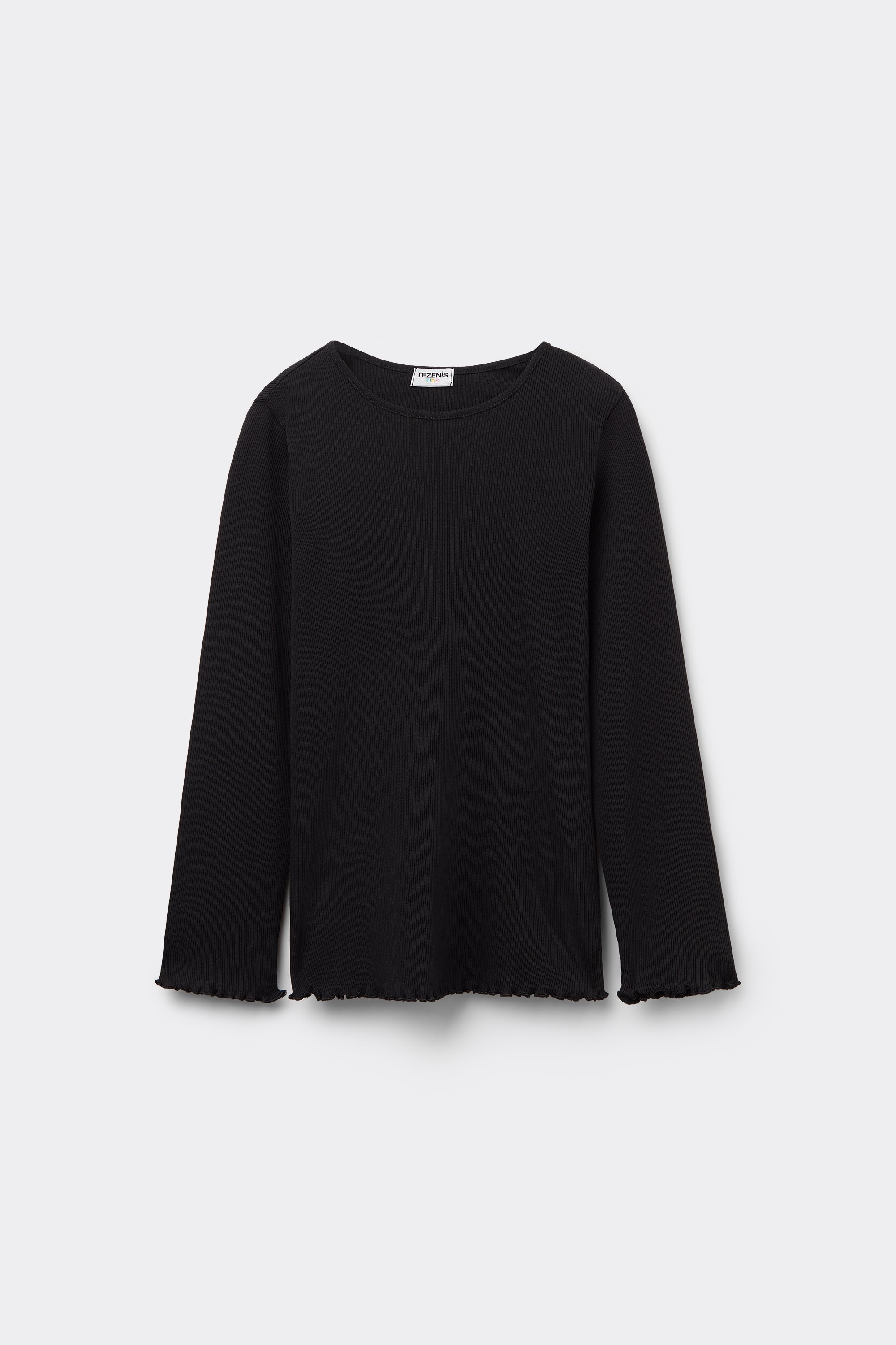 Girls&rsquo; Long Sleeve Ribbed Round-Neck Top with Rolled Hem