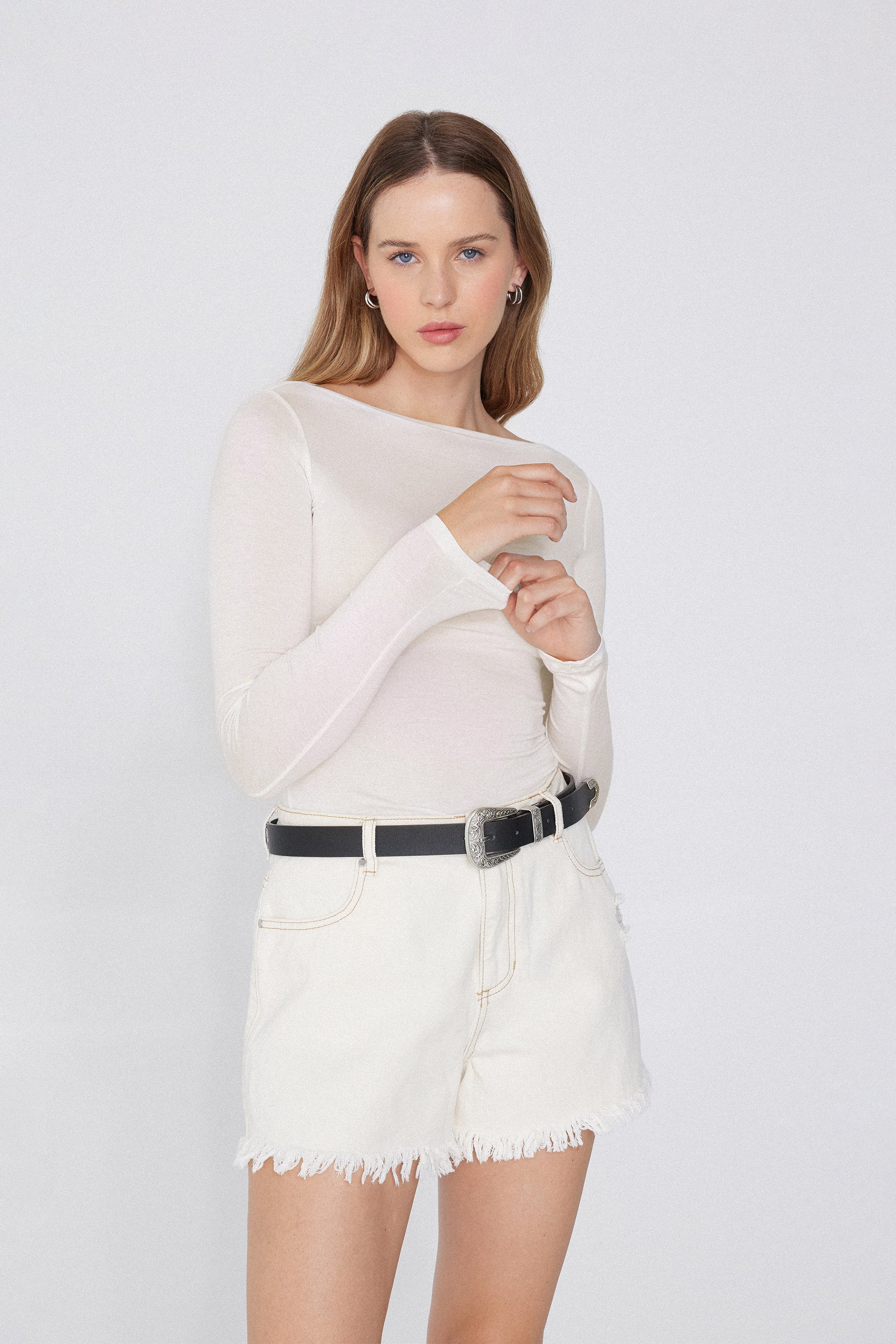 Long-Sleeved Viscose Boat-Neck Top
