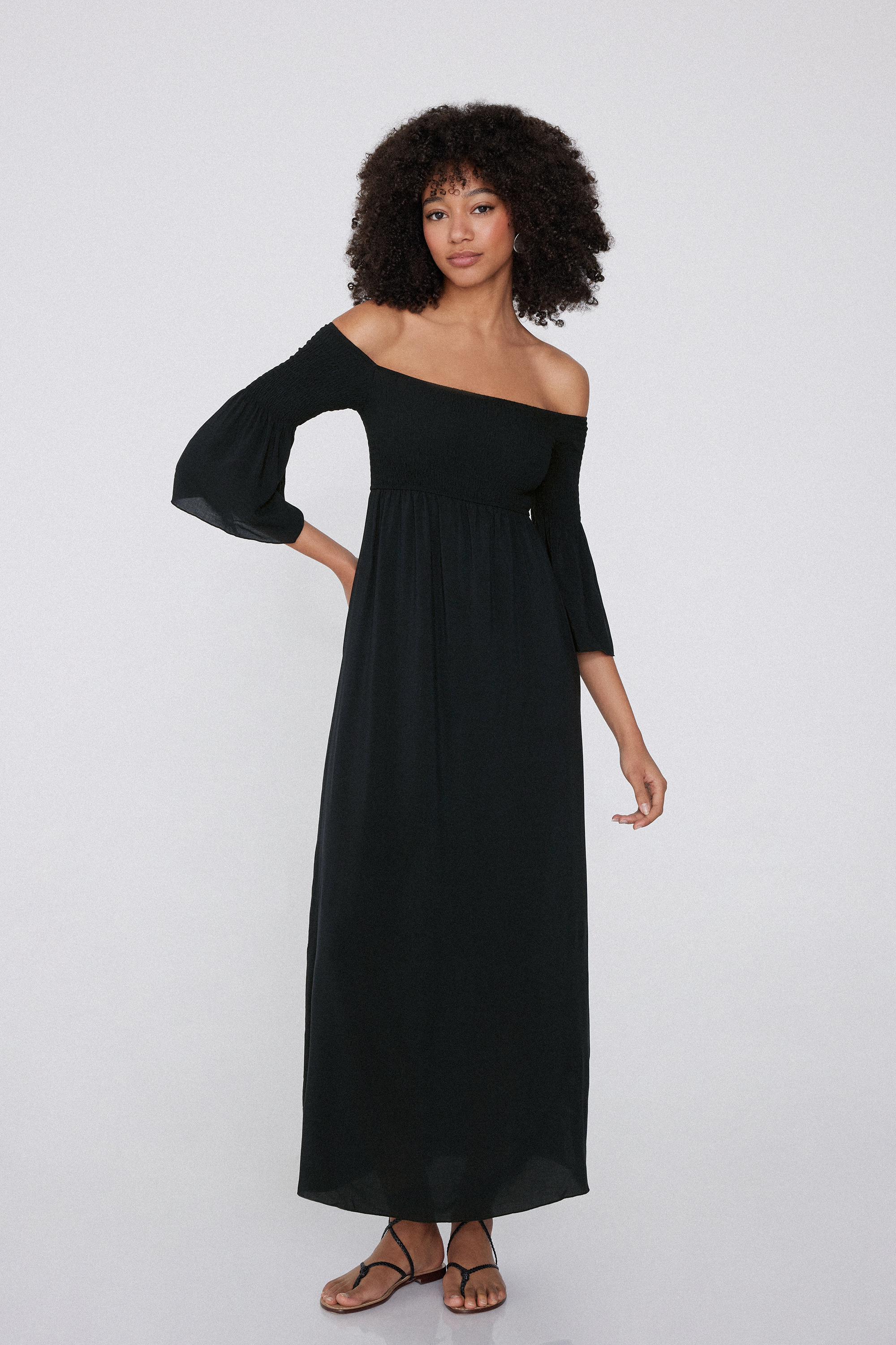 Long Off-the-Shoulder Smock-Stitched Dress