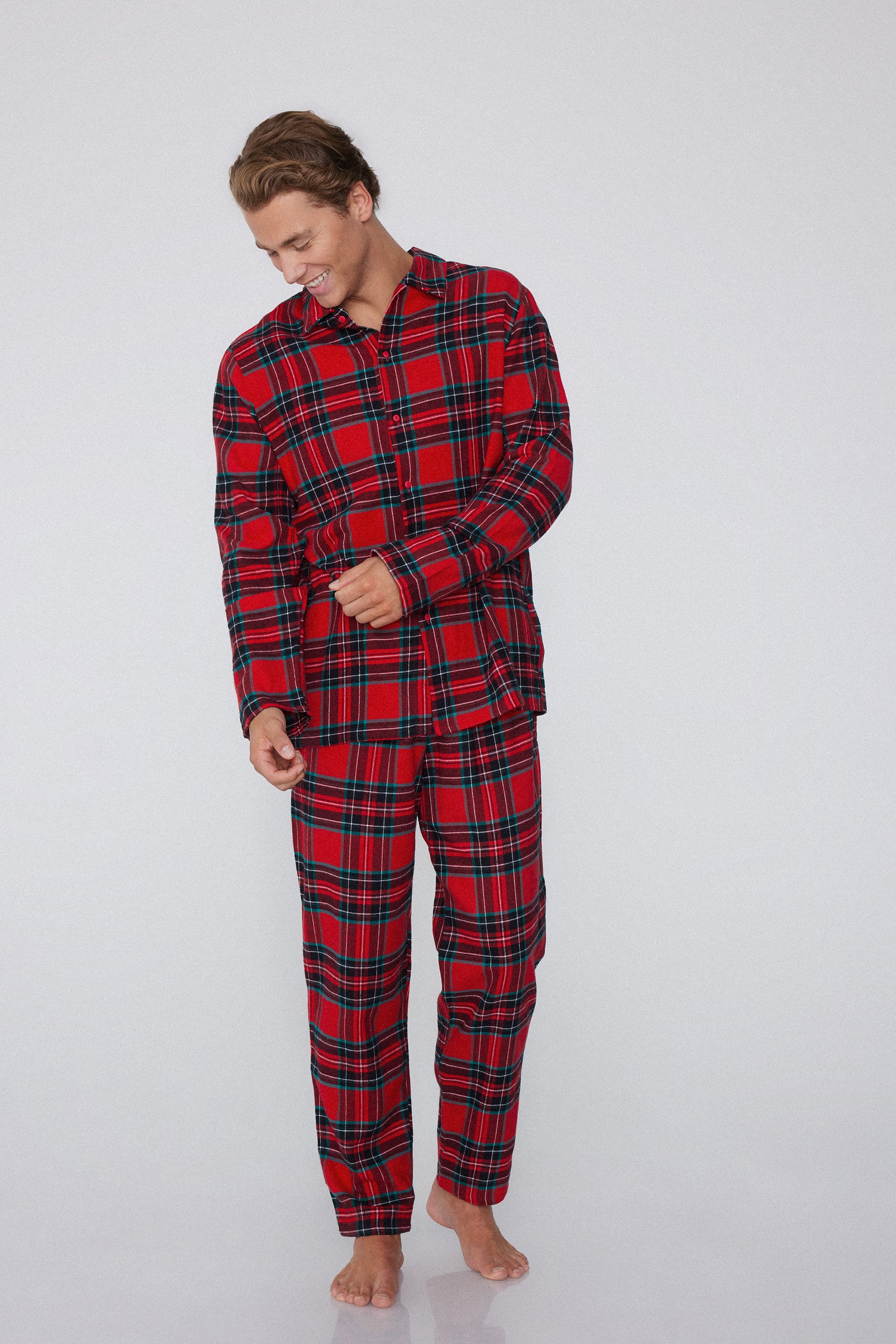 Long Button-Down Tartan Flannel Pajamas